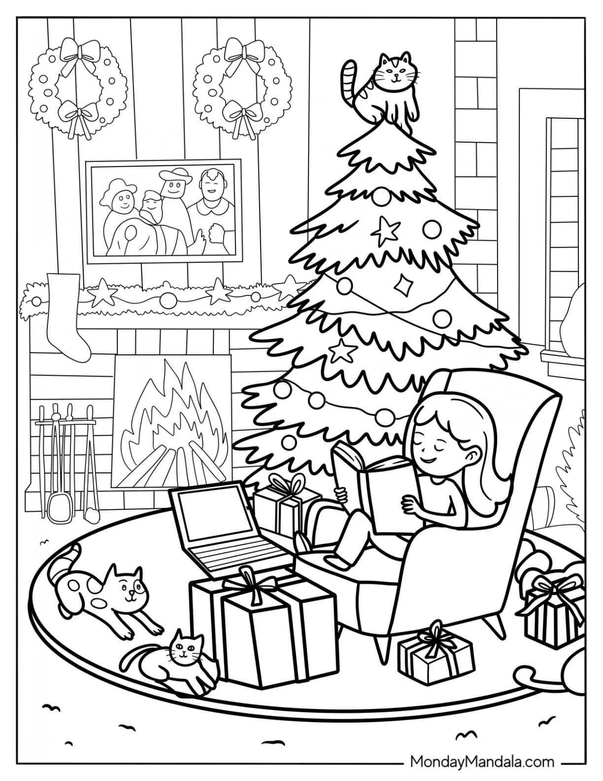 Little Girl Reading A Book Next To A Christmas Tree In a Cozy Coloring Page Room coloring page