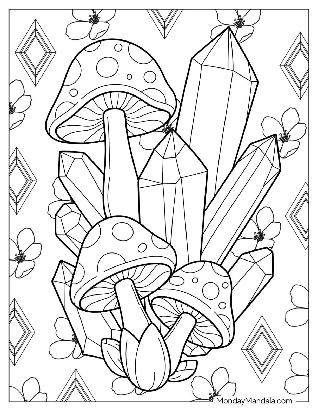 Beautiful Mushrooms And Crystals Coloring Page coloring page