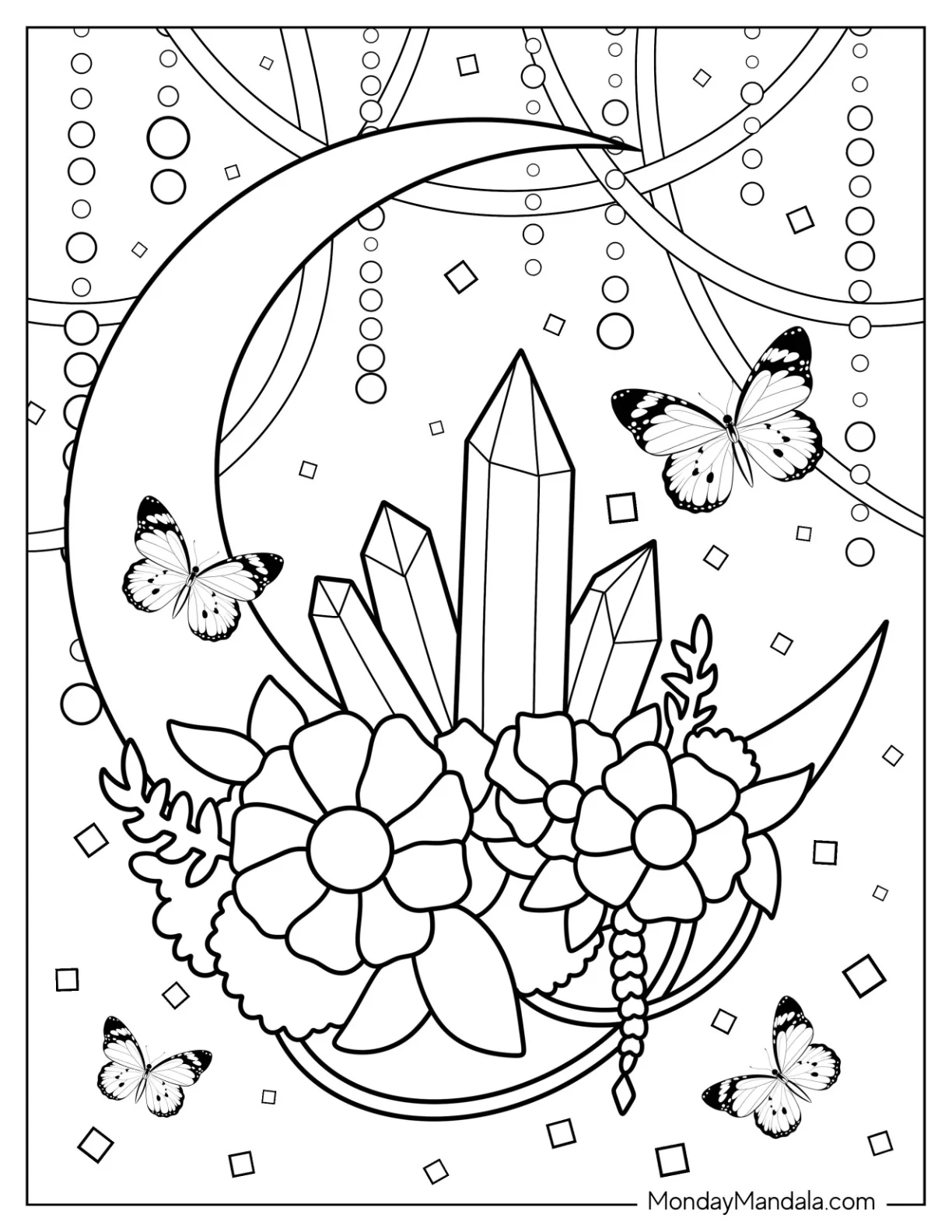 Crescent Moon With Flowers And Crystal Coloring Page coloring page