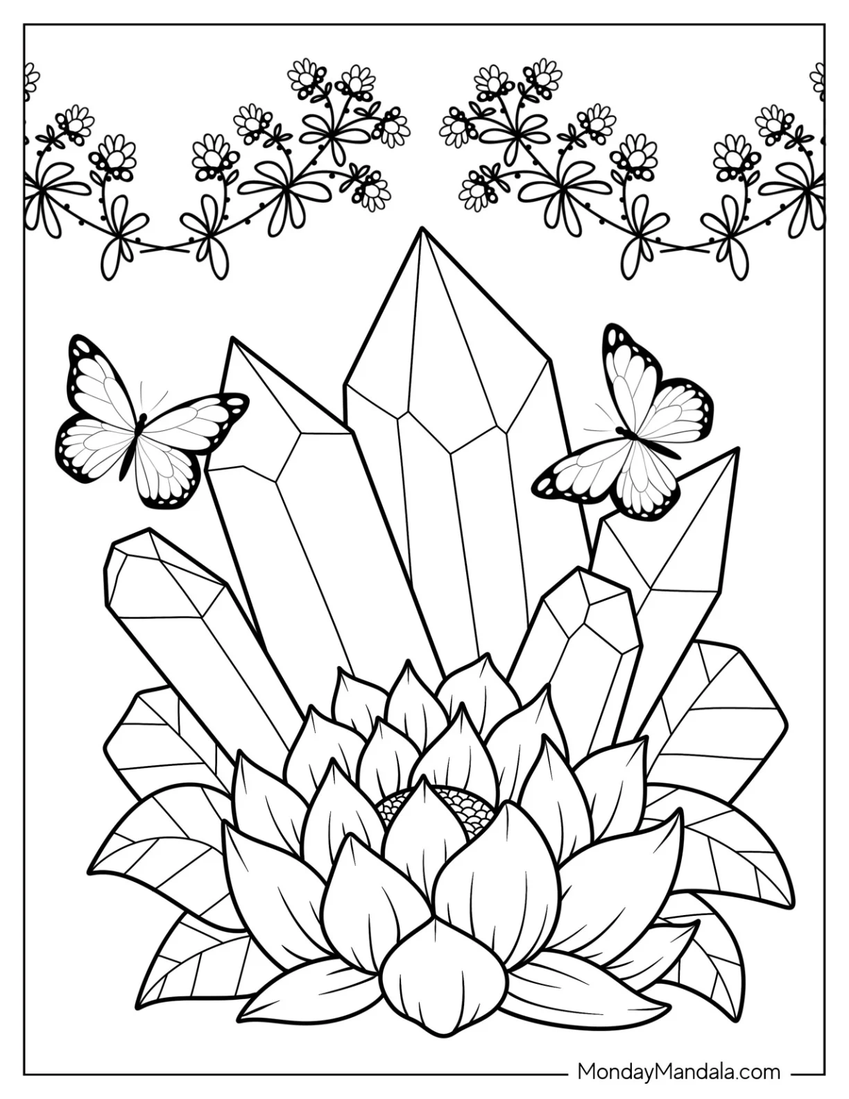 Crystal Coloring Page Of Sunflower Surrounded By Crystals And Butterflies coloring page