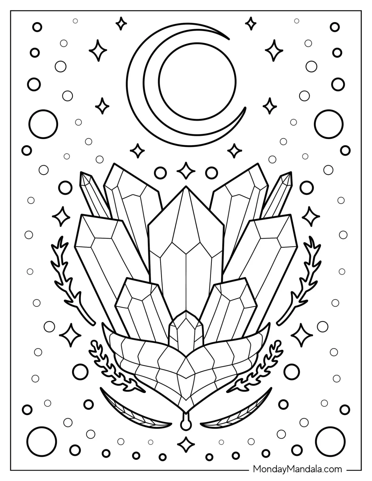 Crystal Coloring Page With Crescent Moon And Stars Above coloring page