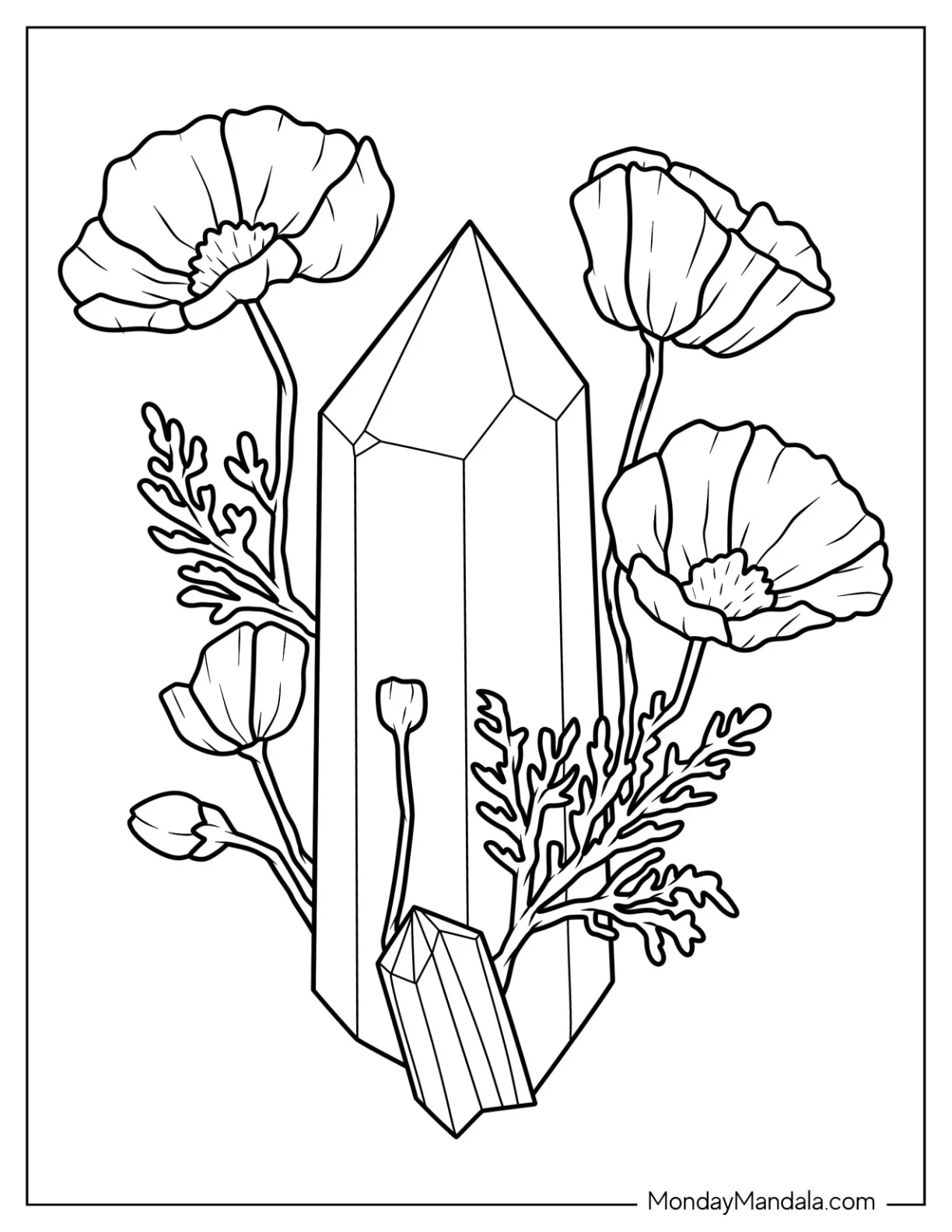 Flowers Growing Around A Beautiful Crystal Coloring Page coloring page