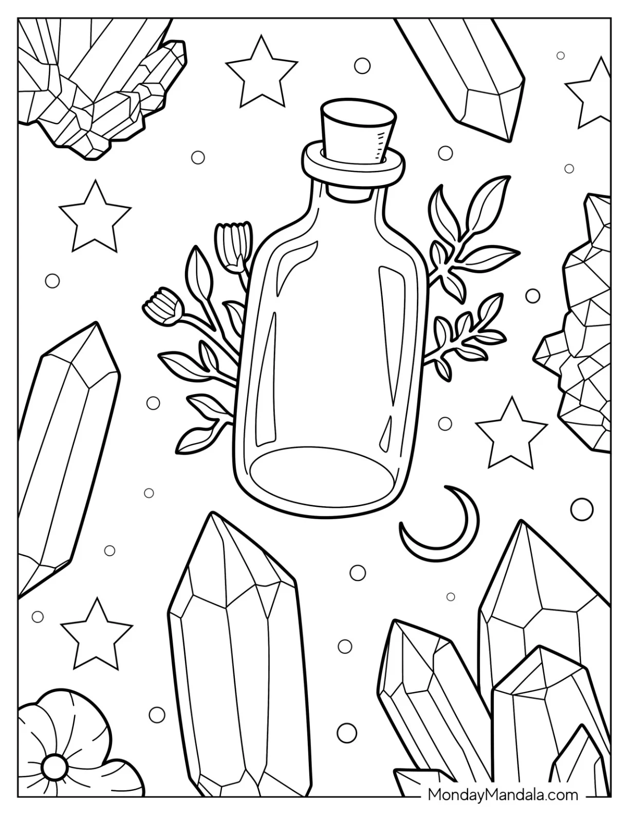 Glass Bottle With Cork Stopper Surrounded By Crystal Coloring Page coloring page