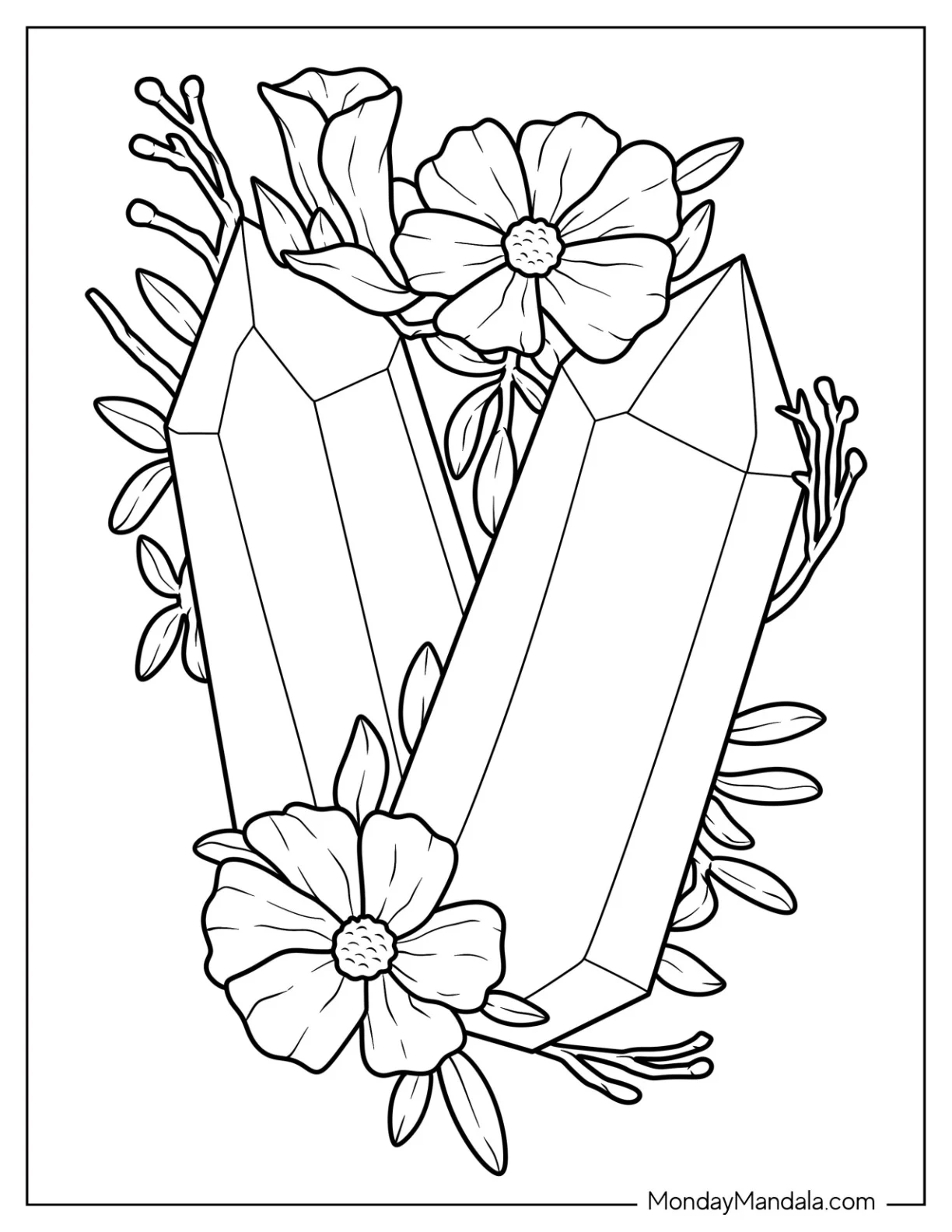 Two Large Crystal Coloring Page With Flowers And Leaves coloring page