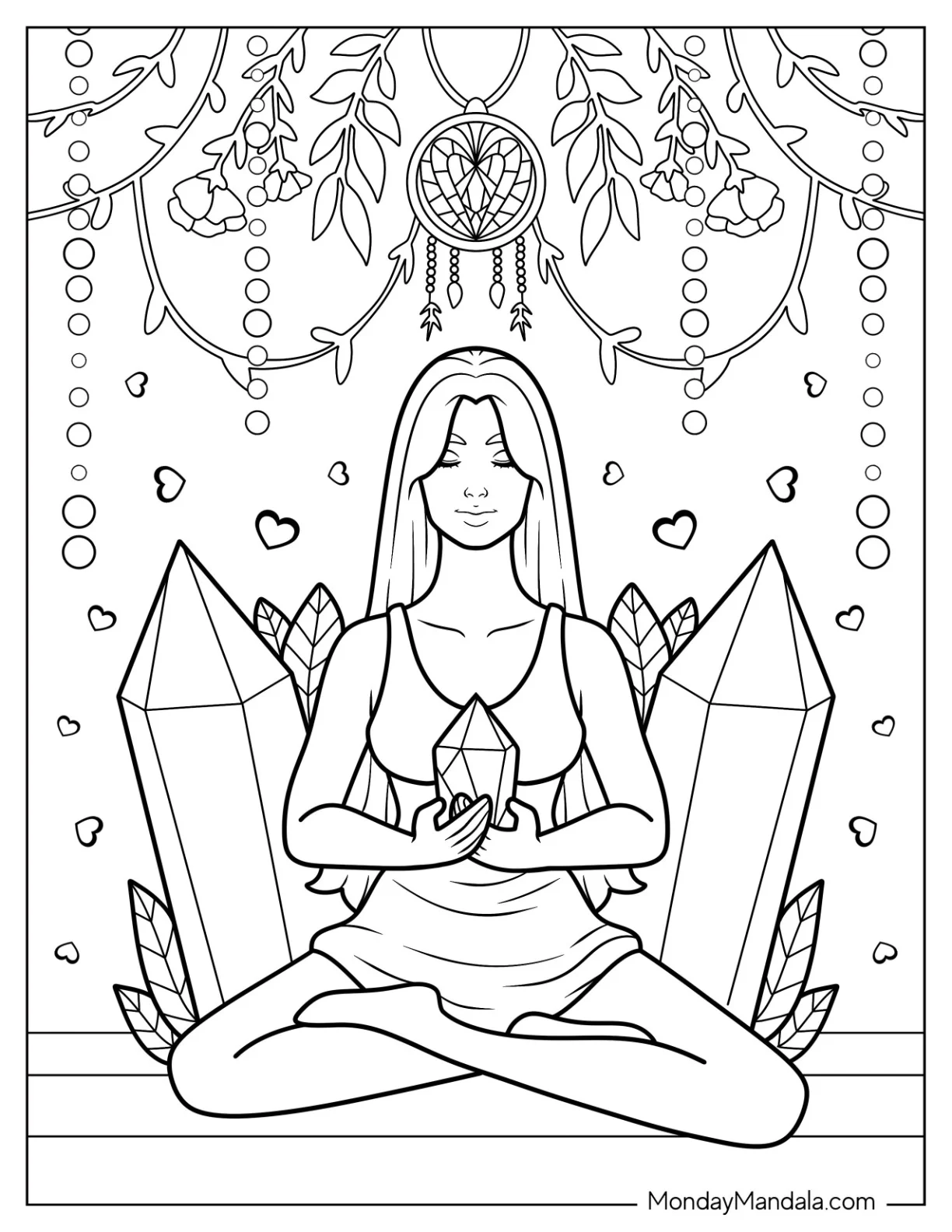 Woman Holding A Crystal Coloring Page While Meditating coloring page