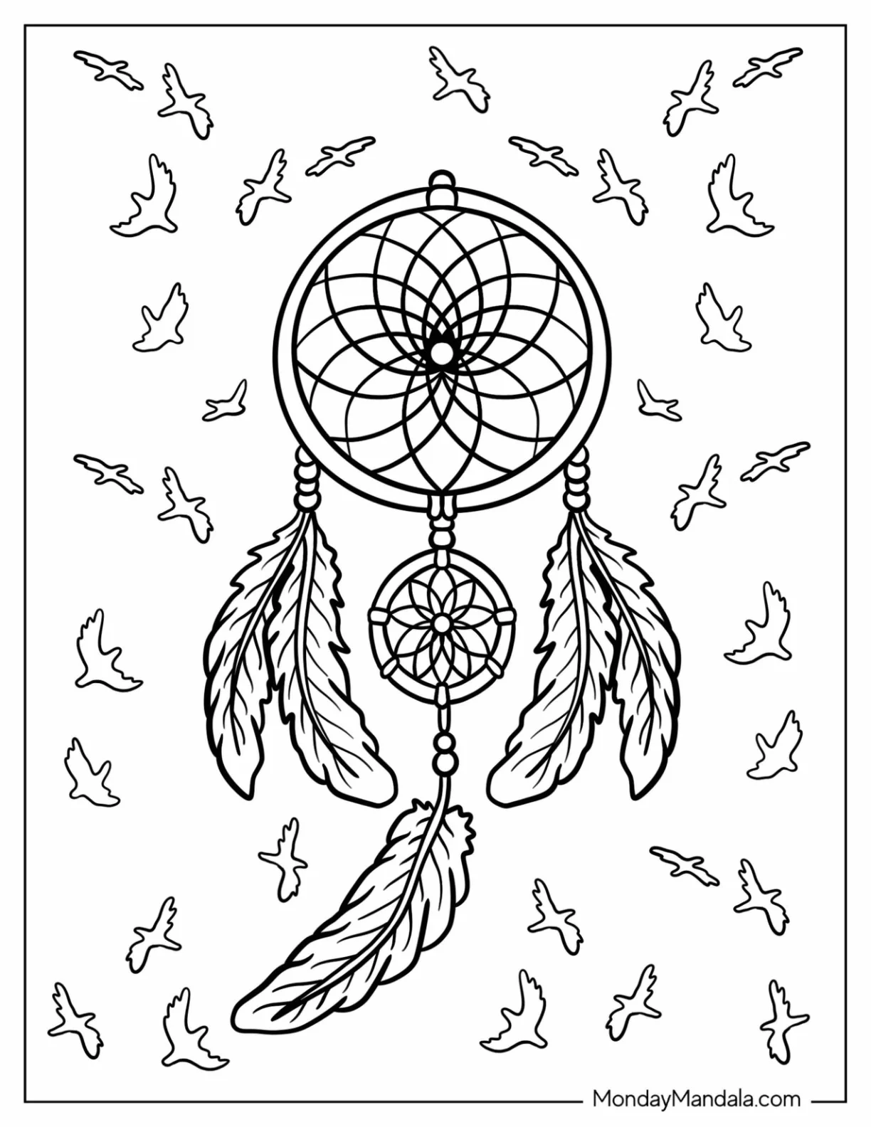 Beautiful Dreamcatcher Coloring Page With Birds In The Background coloring page — printable line art