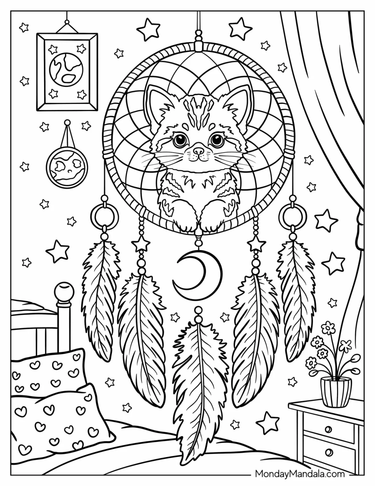 Bedroom Dreamcatcher Coloring Page with Cute Kitten, Moon Charms, and Starry Decor coloring page — printable line art