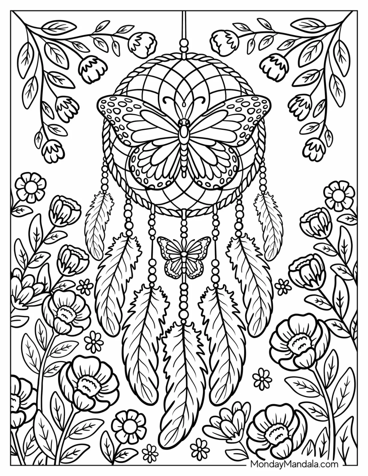Boho Butterfly Dreamcatcher Coloring Page in Flower Garden coloring page — printable line art
