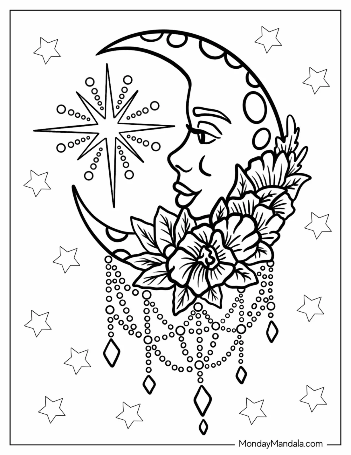 Crescent Moon Dreamcatcher Coloring Page With Stars coloring page