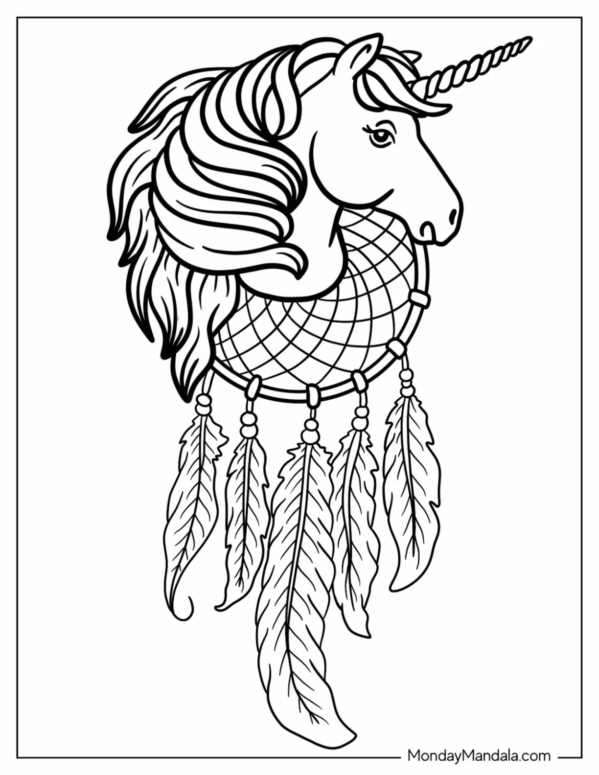 Cute Unicorn Dreamcatcher Coloring Page coloring page — printable line art