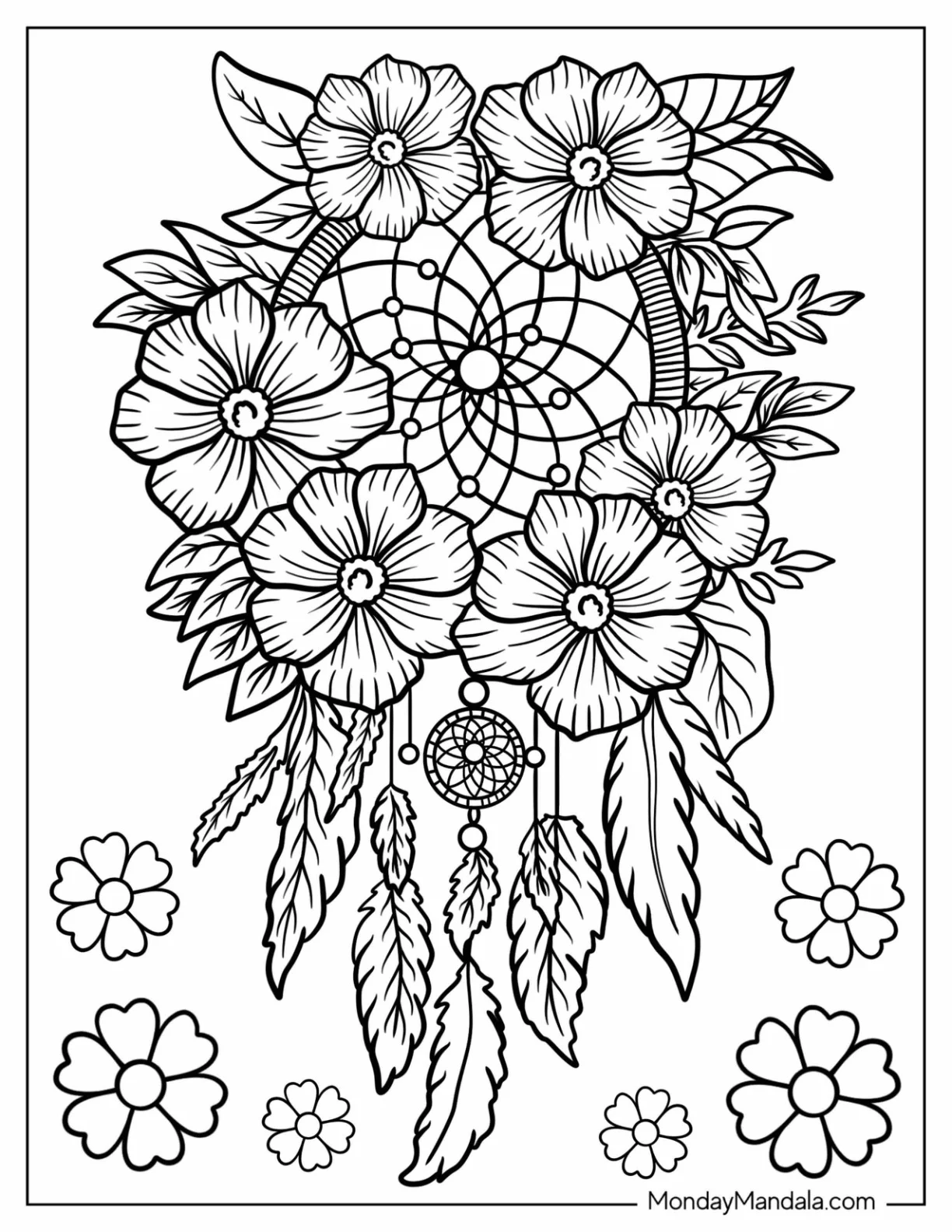 Daisies Covering A Dreamcatcher Coloring Page coloring page — printable line art