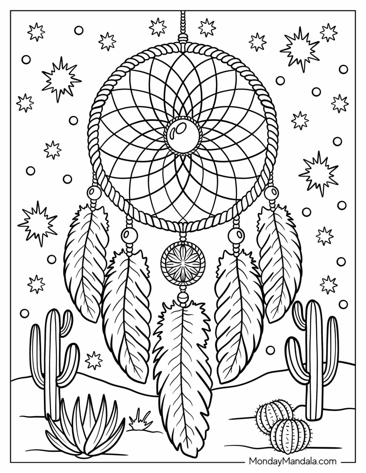 Desert Dreamcatcher Coloring Page with Cactus and Starry Sky coloring page — printable line art