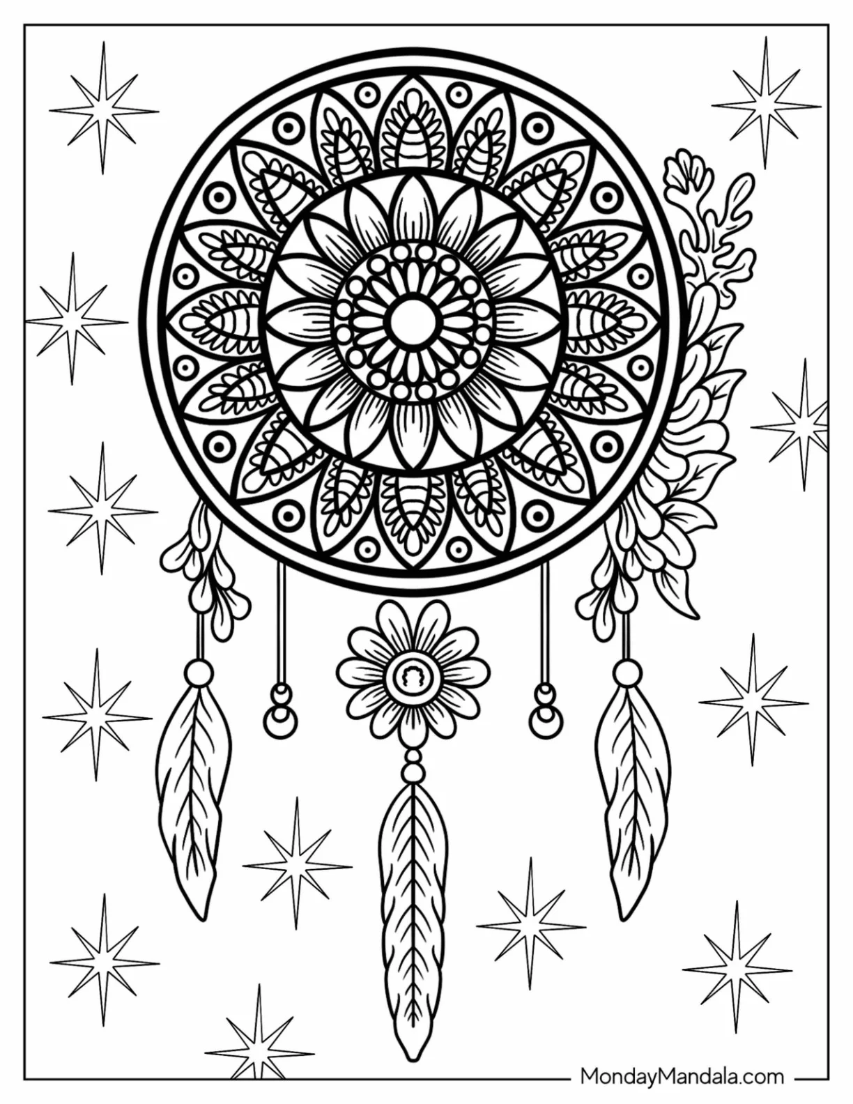 Detailed Dreamcatcher Coloring Page With Leaves And Flowers coloring page