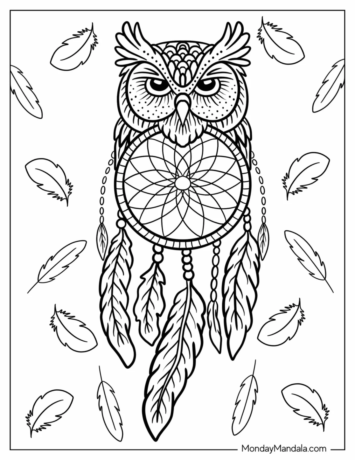 Detailed Owl Dreamcatcher Coloring Page coloring page — printable line art