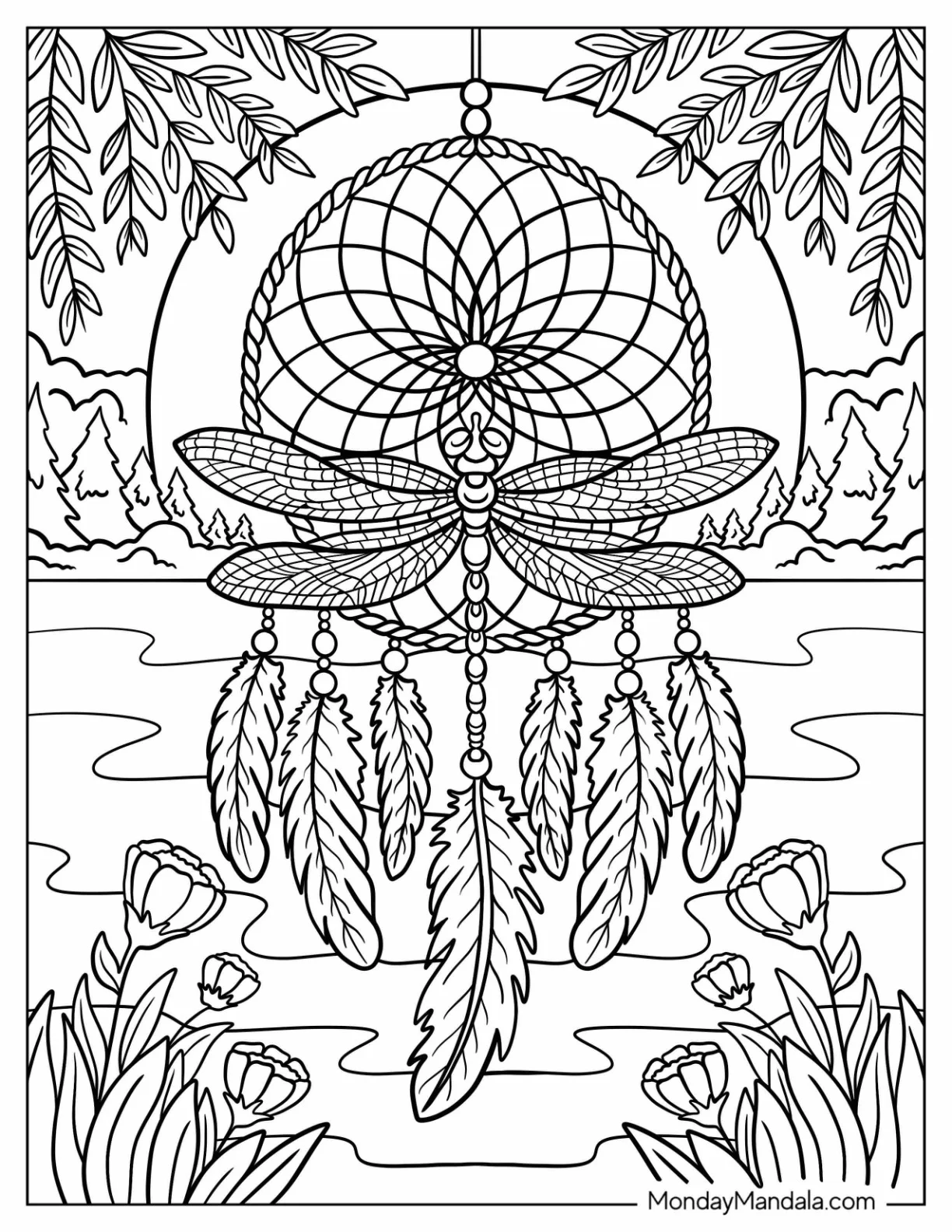 Dragonfly Dreamcatcher Coloring Page Over Lake with Feathers and Tulips coloring page
