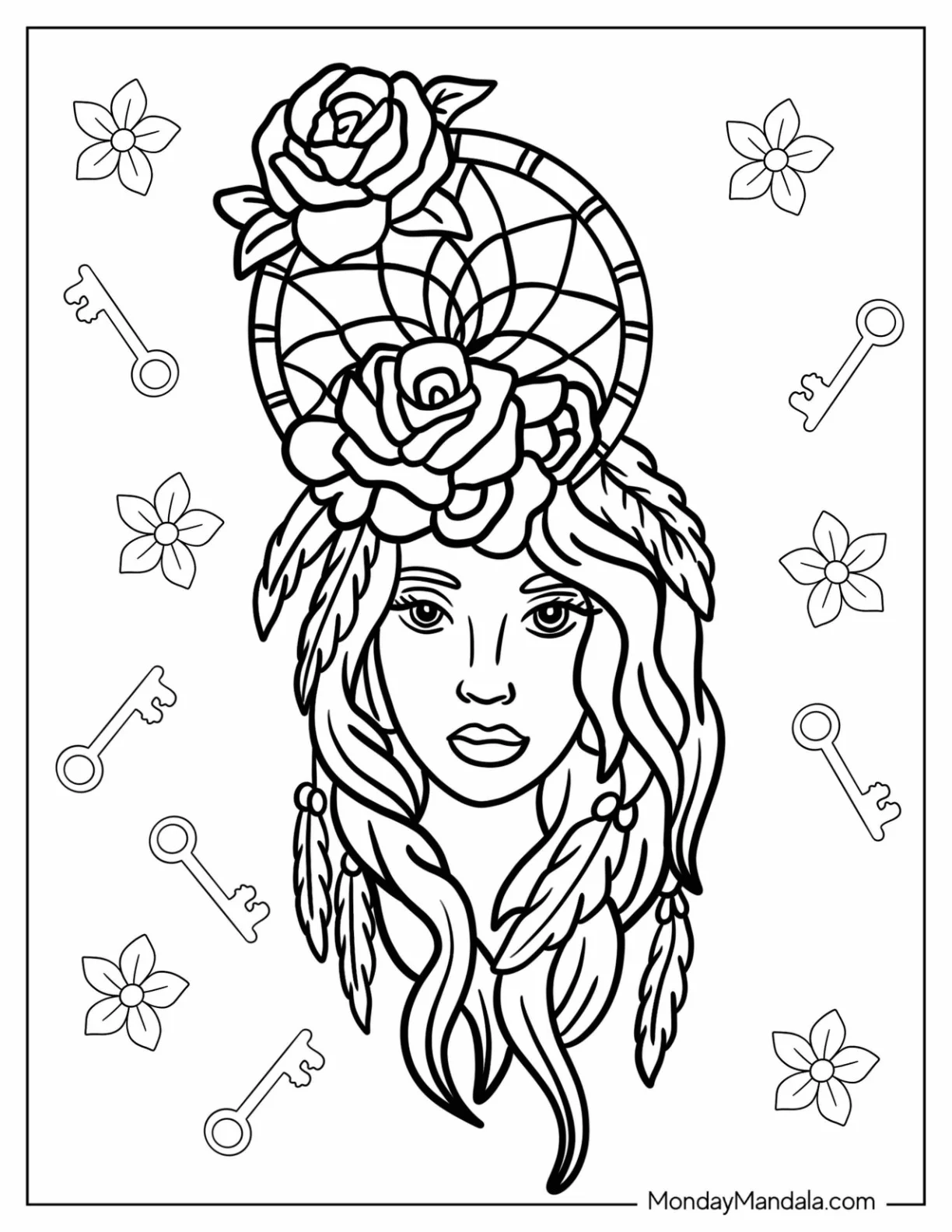 Dreamcatcher Coloring Page As A Headdress coloring page — printable line art