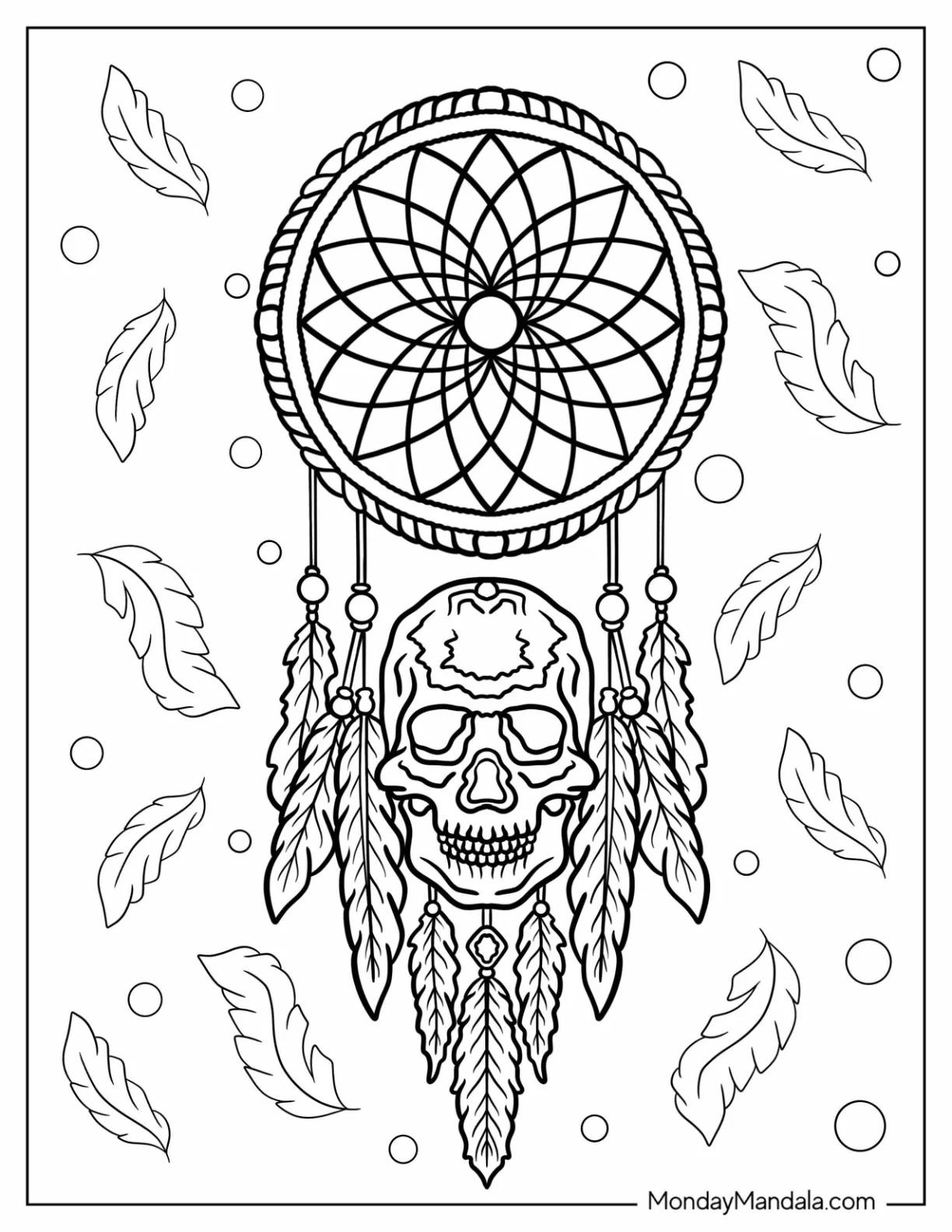 Dreamcatcher Coloring Page Hanging Over A Skull coloring page — printable line art