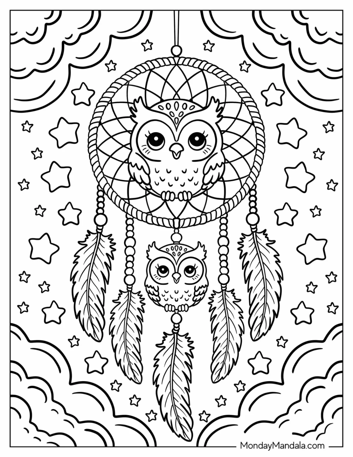 Dreamcatcher Coloring Page of Cute Owl Mandala with Starry and Cloudy Background coloring page
