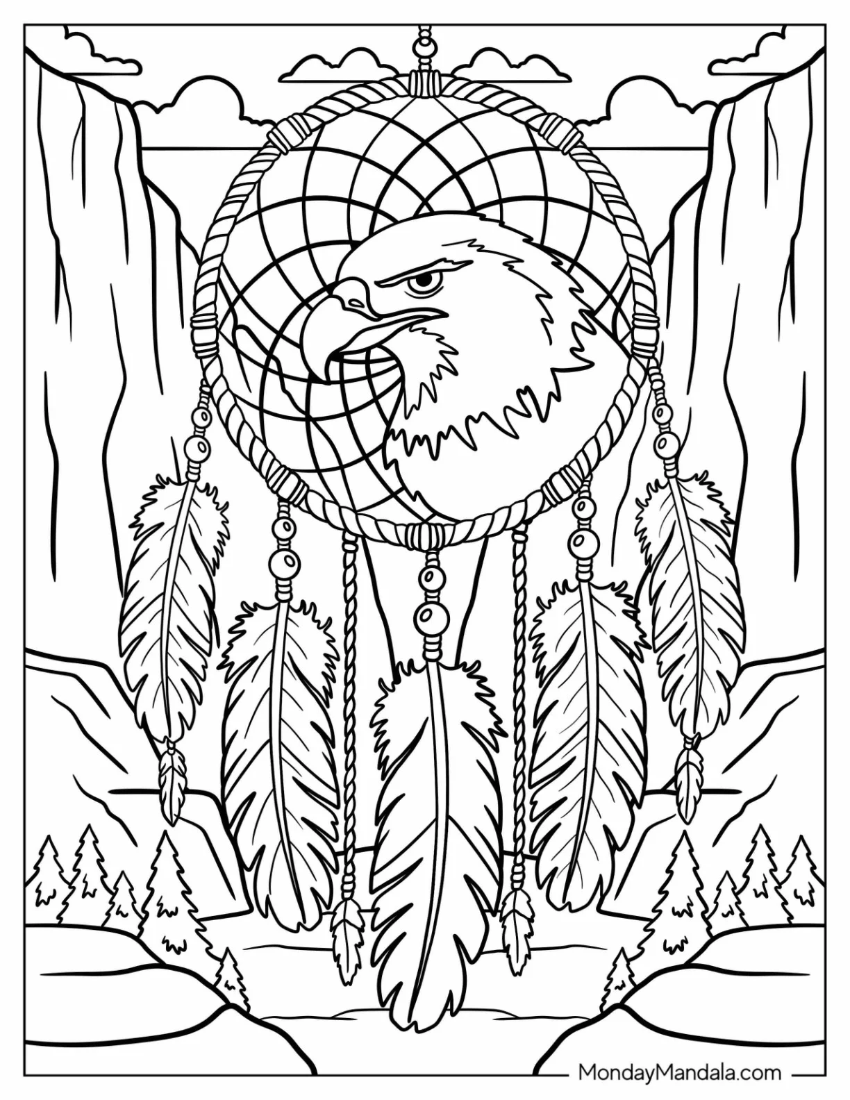 Eagle Dreamcatcher Coloring Page with Feathers and Mountain Canyon coloring page — printable line art