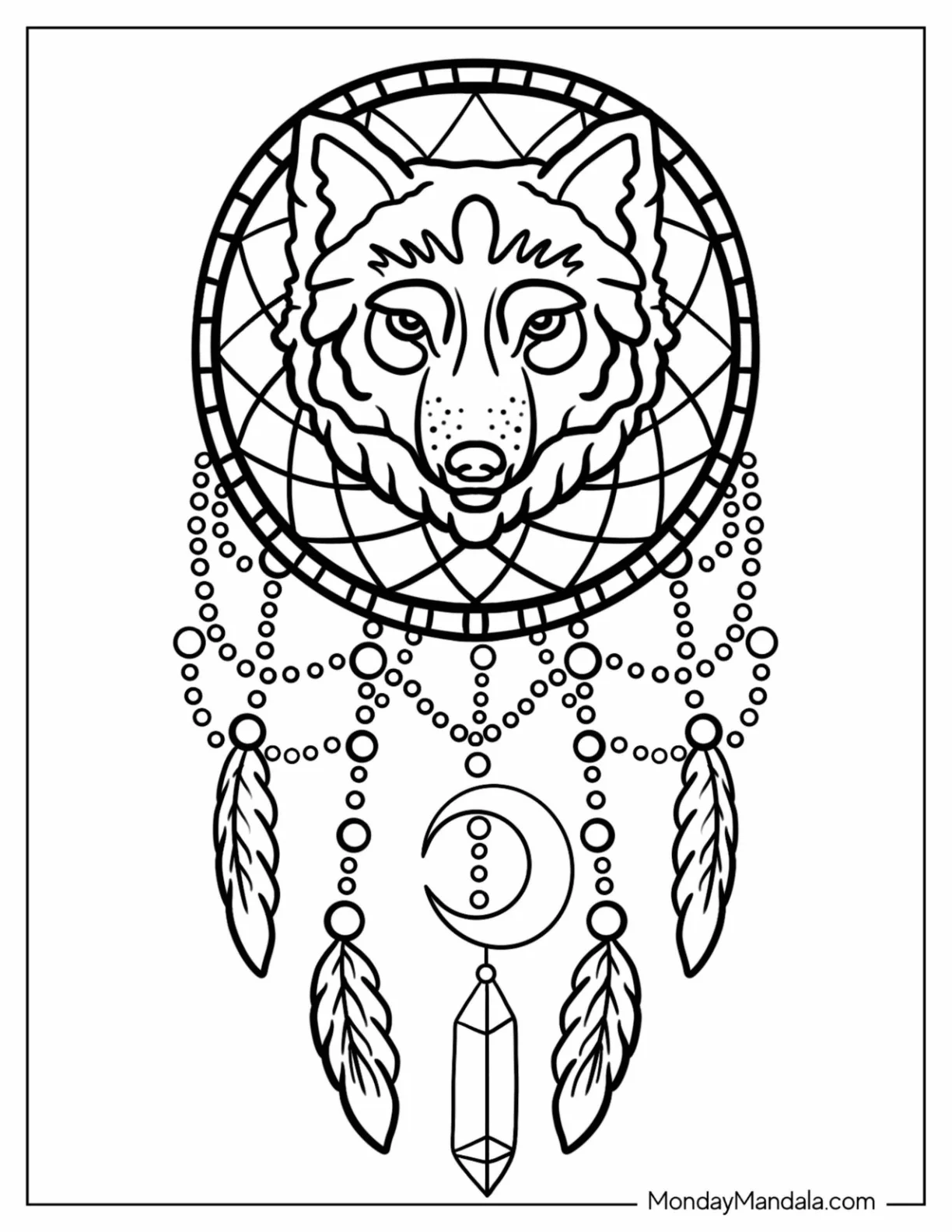Easy Wolf Dreamcatcher Coloring Page For Kids coloring page