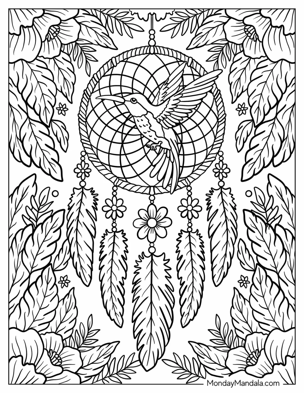 Flying Hummingbird in Floral Dreamcatcher Coloring Page with Leaves and Petal Charms coloring page — printable line art