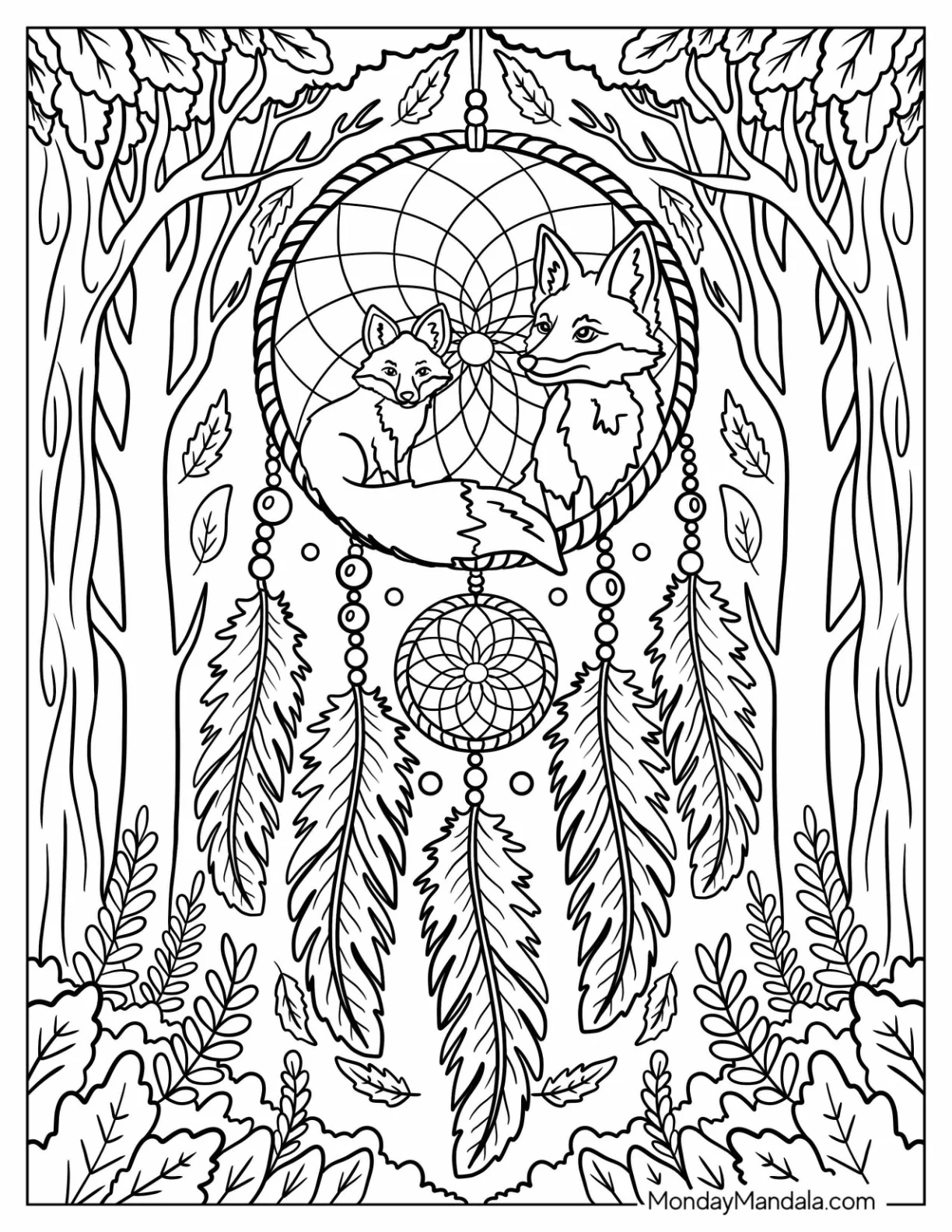 Fox Family Dreamcatcher Coloring Page Hanging in Enchanted Forest coloring page