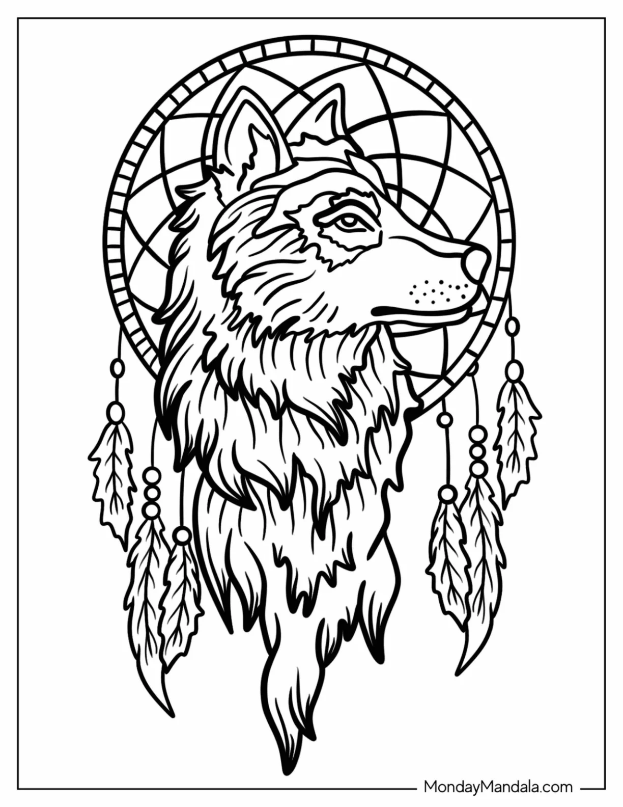 Furry Wolf Dreamcatcher Coloring Page For Kids coloring page — printable line art