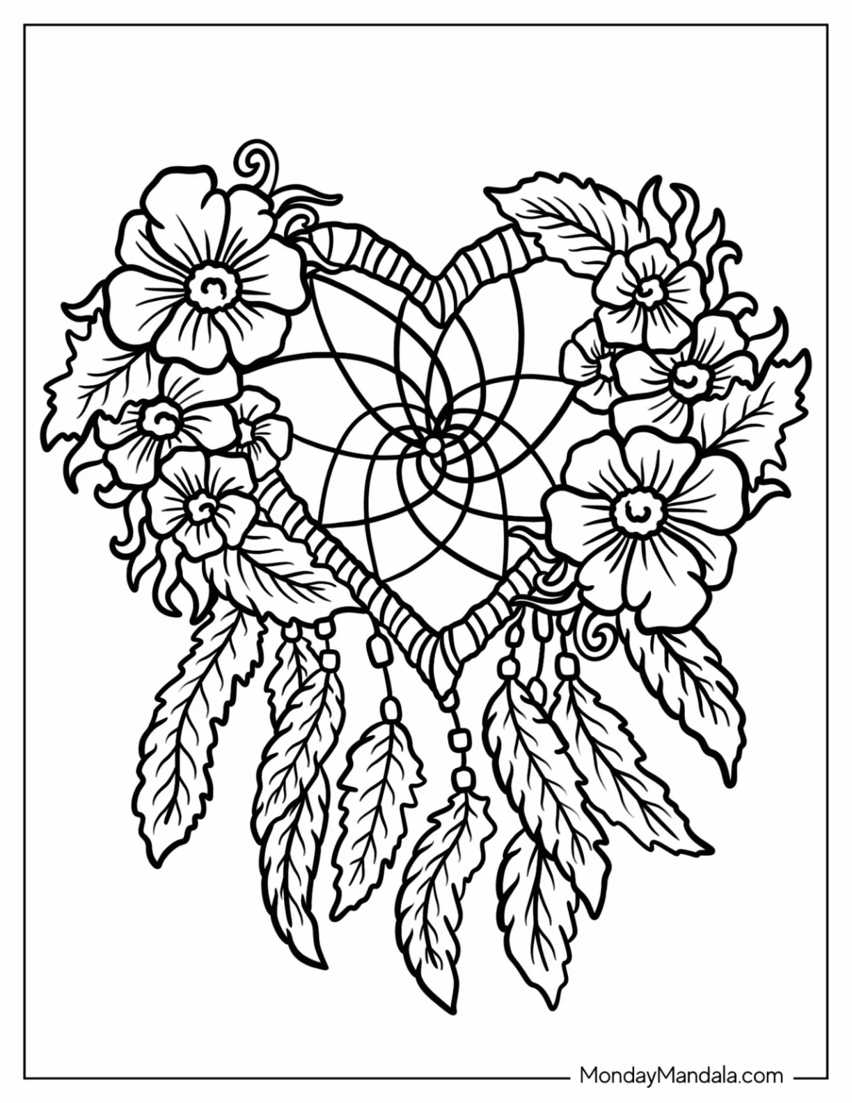 Heart Shaped Dreamcatcher Coloring Page With Daisies For Kids coloring page — printable line art