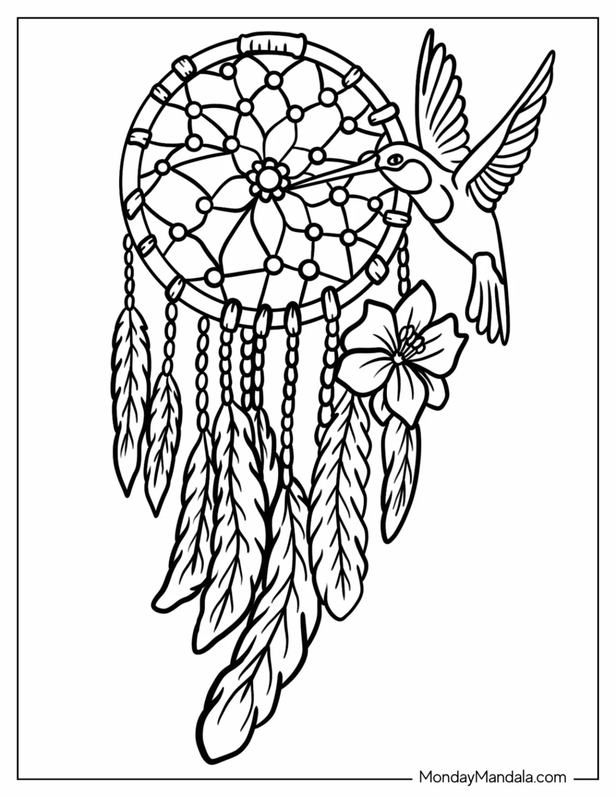 Hummingbird Pecking A Dreamcatcher Coloring Page With A Hibiscus coloring page — printable line art