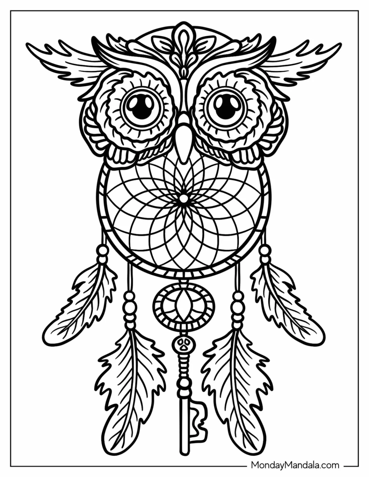 Intricate Owl Dreamcatcher Coloring Page coloring page — printable line art