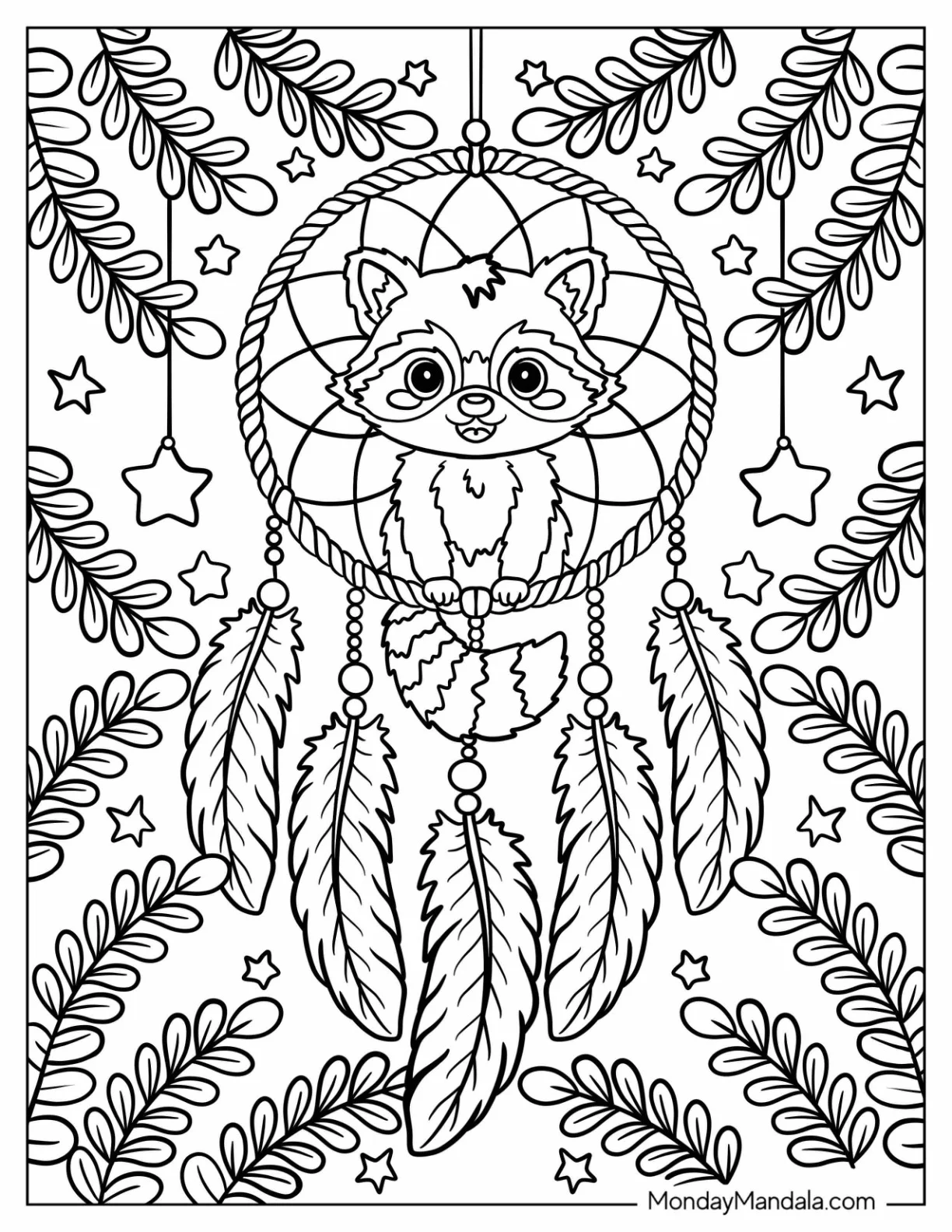 Kawaii Raccoon Dreamcatcher Coloring Page with Hanging Stars on Leaves coloring page