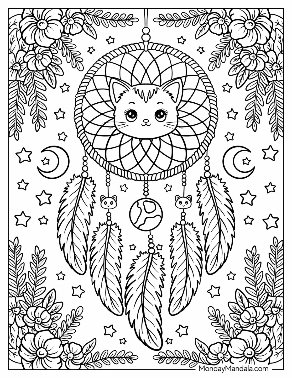 Kitten Dreamcatcher Coloring Page Surrounded by Flowers and Celestial Symbols coloring page