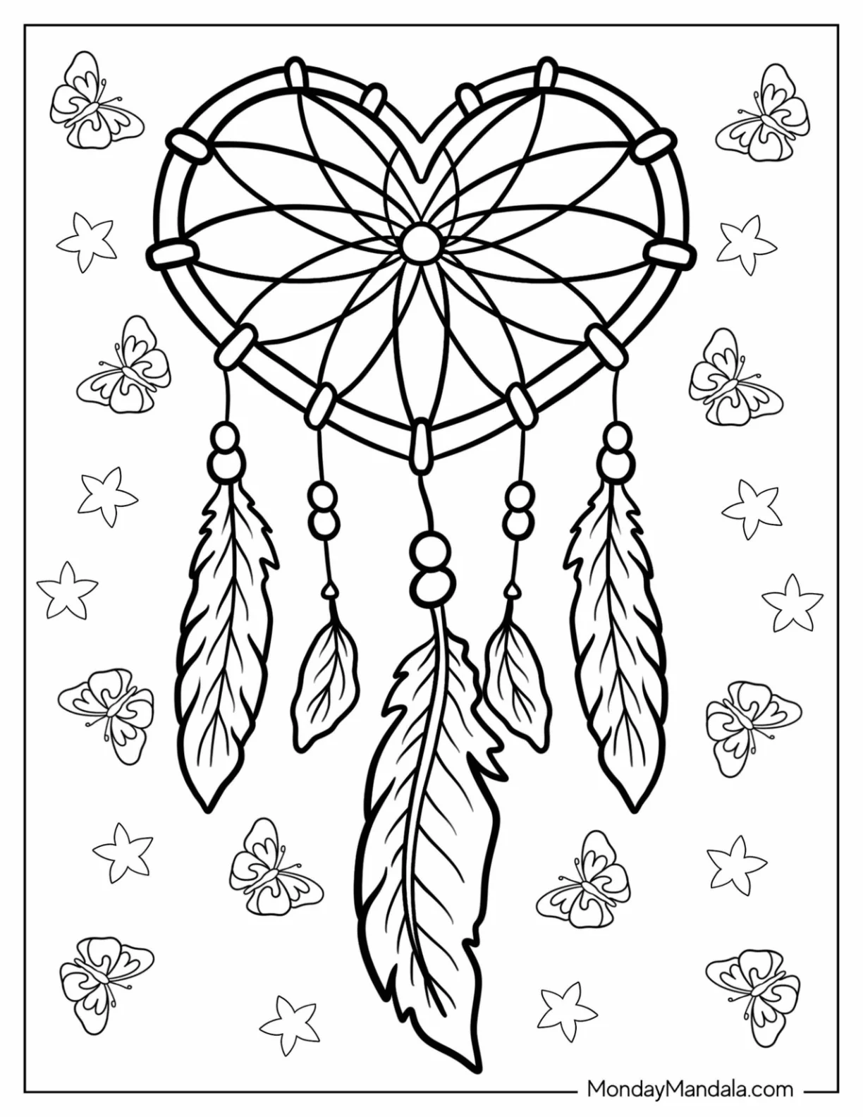 Love Heart Dreamcatcher Coloring Page With Flowers And Butterflies coloring page — printable line art