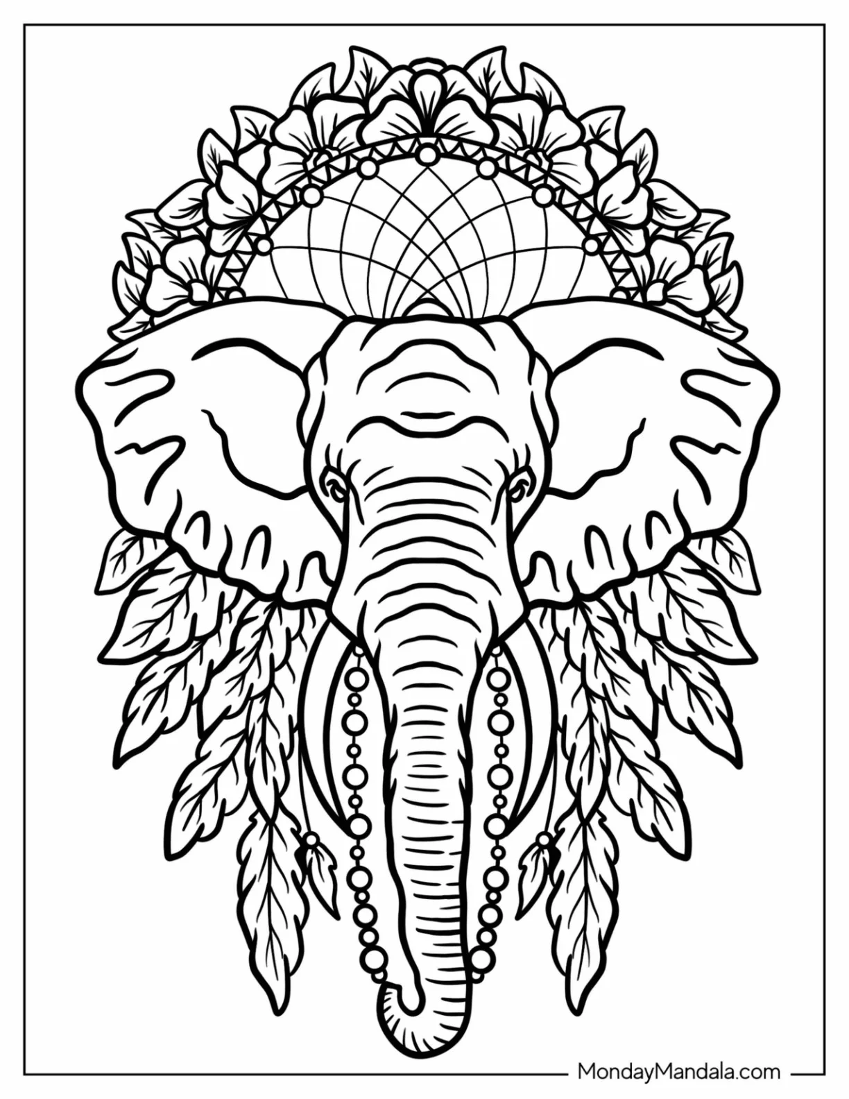 Majestic Elephant Dreamcatcher Coloring Page With Flowers coloring page