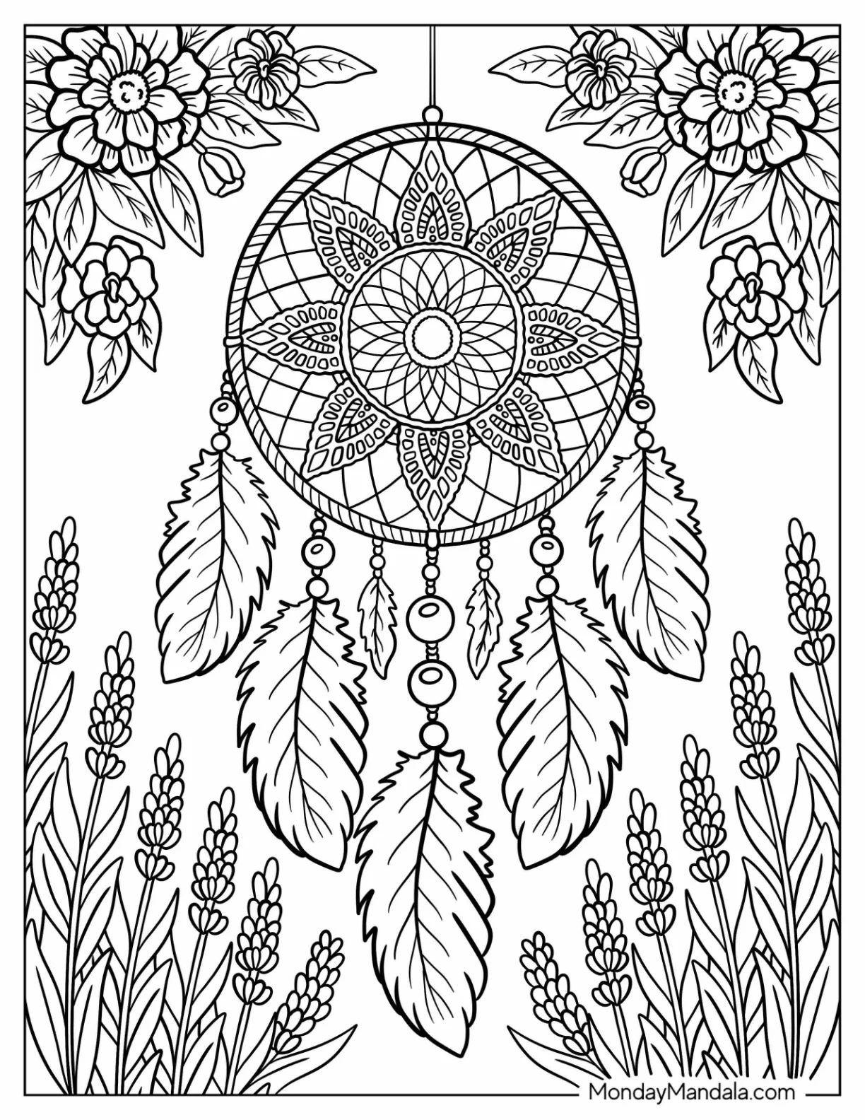 Mandala Dreamcatcher Coloring Page with Feathers and Blooming Lavender Field coloring page