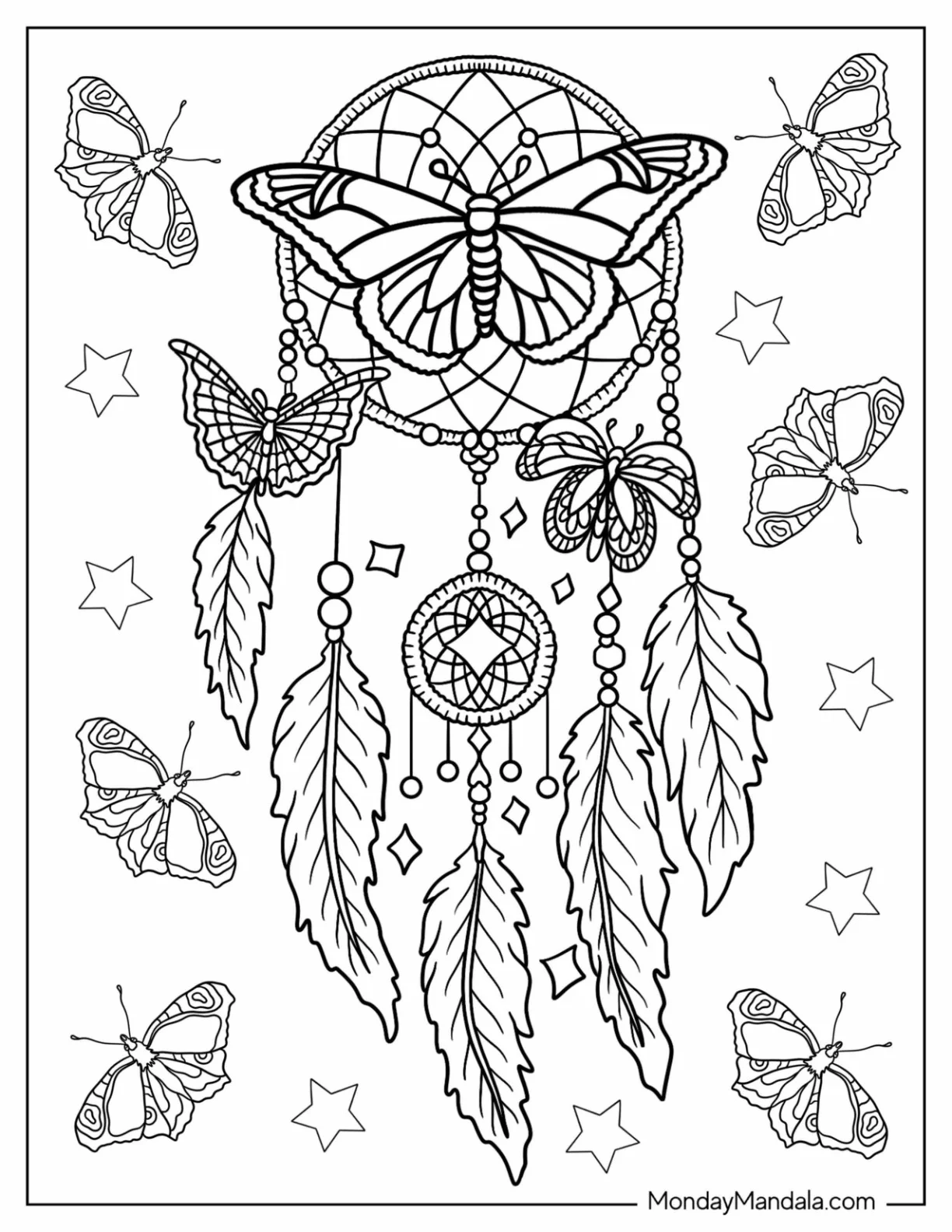 Moths Surrounding A Dreamcatcher Coloring Page coloring page — printable line art