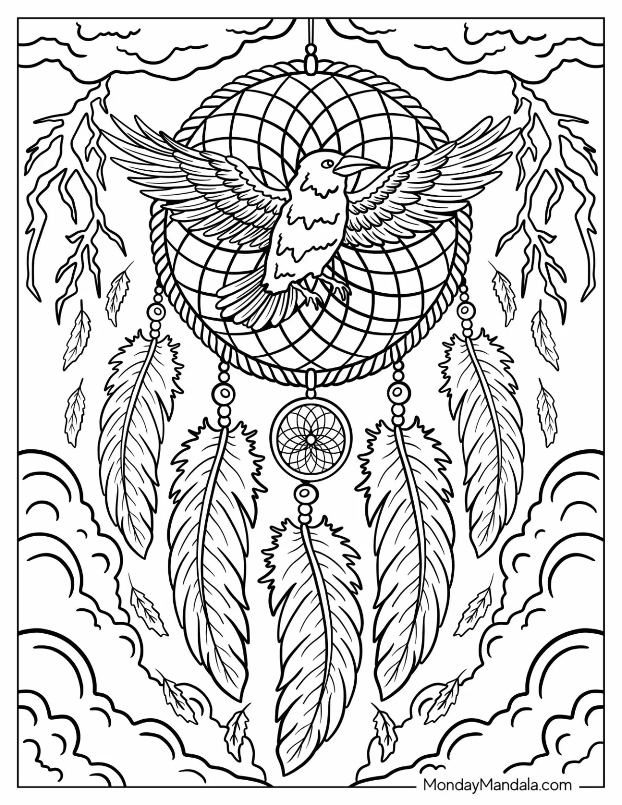 Mystical Dreamcatcher Coloring Page with Flying Raven and Lightning Strikes coloring page — printable line art