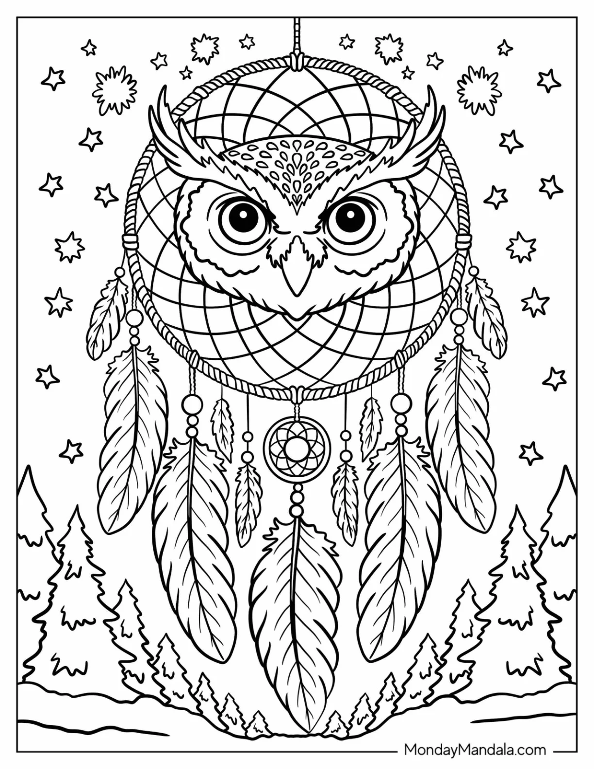 Mystical Owl Dreamcatcher Coloring Page Surrounded by Stars and Woodland Scene coloring page