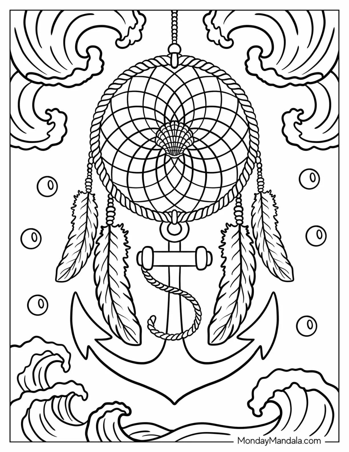 Nautical Dreamcatcher Coloring Page with Anchor, Waves, and Bubbles coloring page