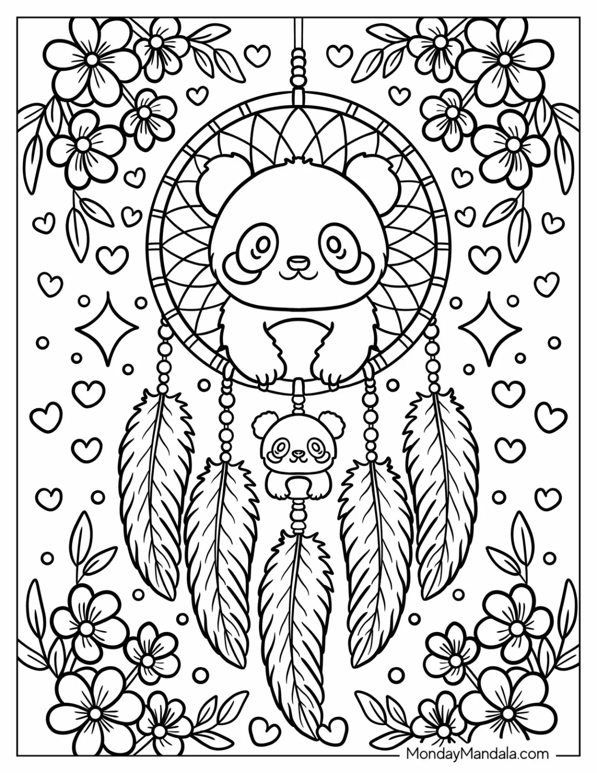Panda Dreamcatcher Coloring Page with Beads, Feathers, and Floral Background for Kids coloring page — printable line art