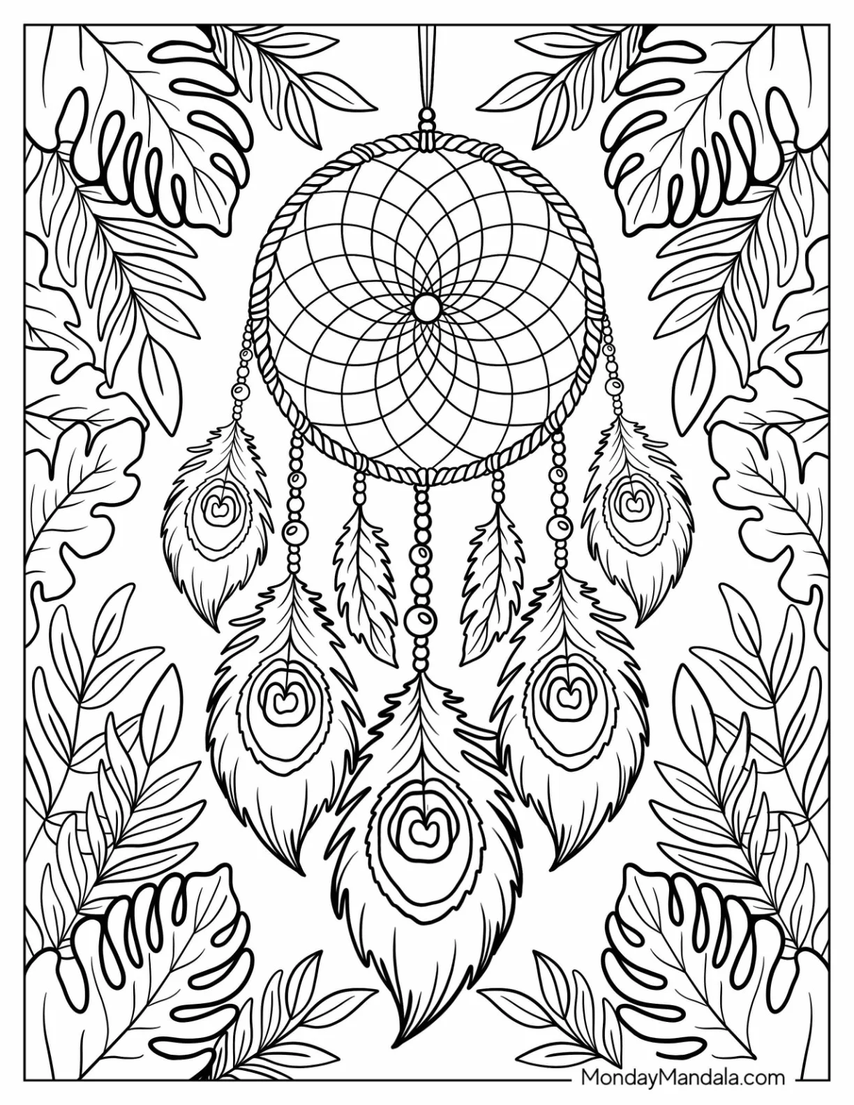Peacock Feather Dreamcatcher Coloring Page with Beads and Tropical Leaves coloring page