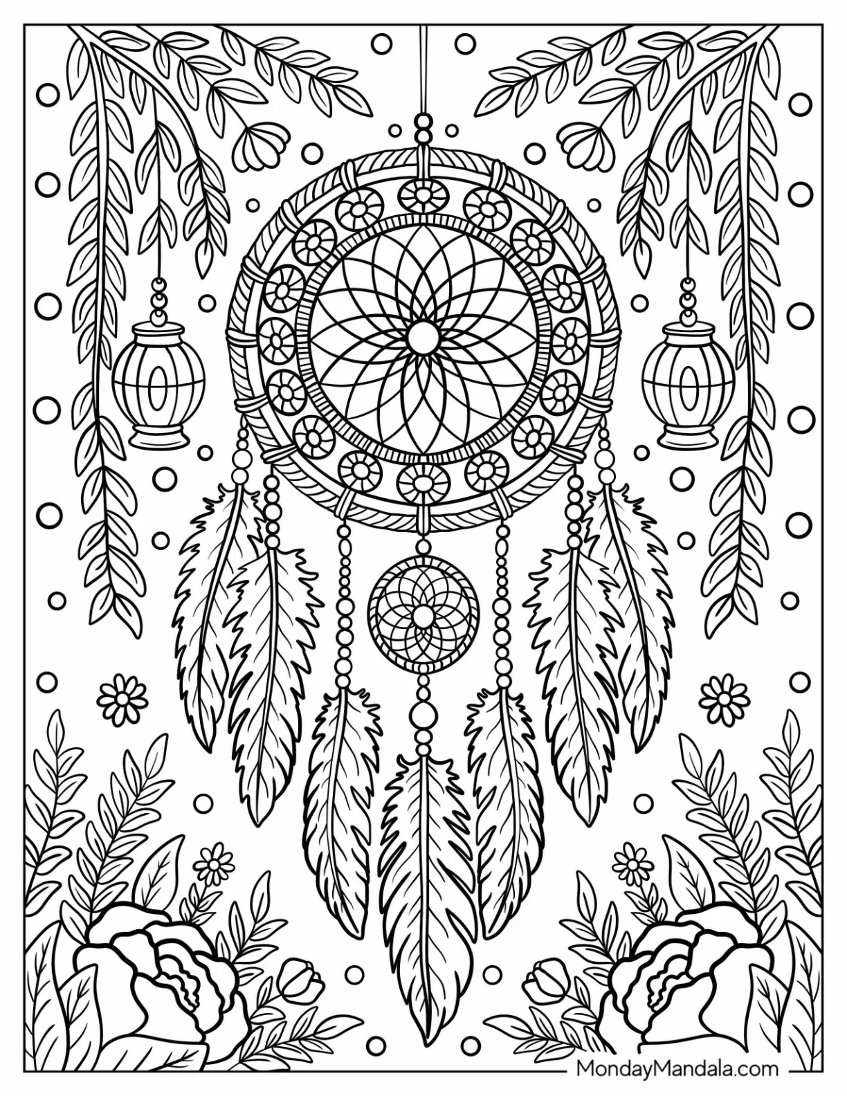 Romantic Dreamcatcher Coloring Page Surrounded by Peonies, Vines, and Beaded Charms coloring page — printable line art