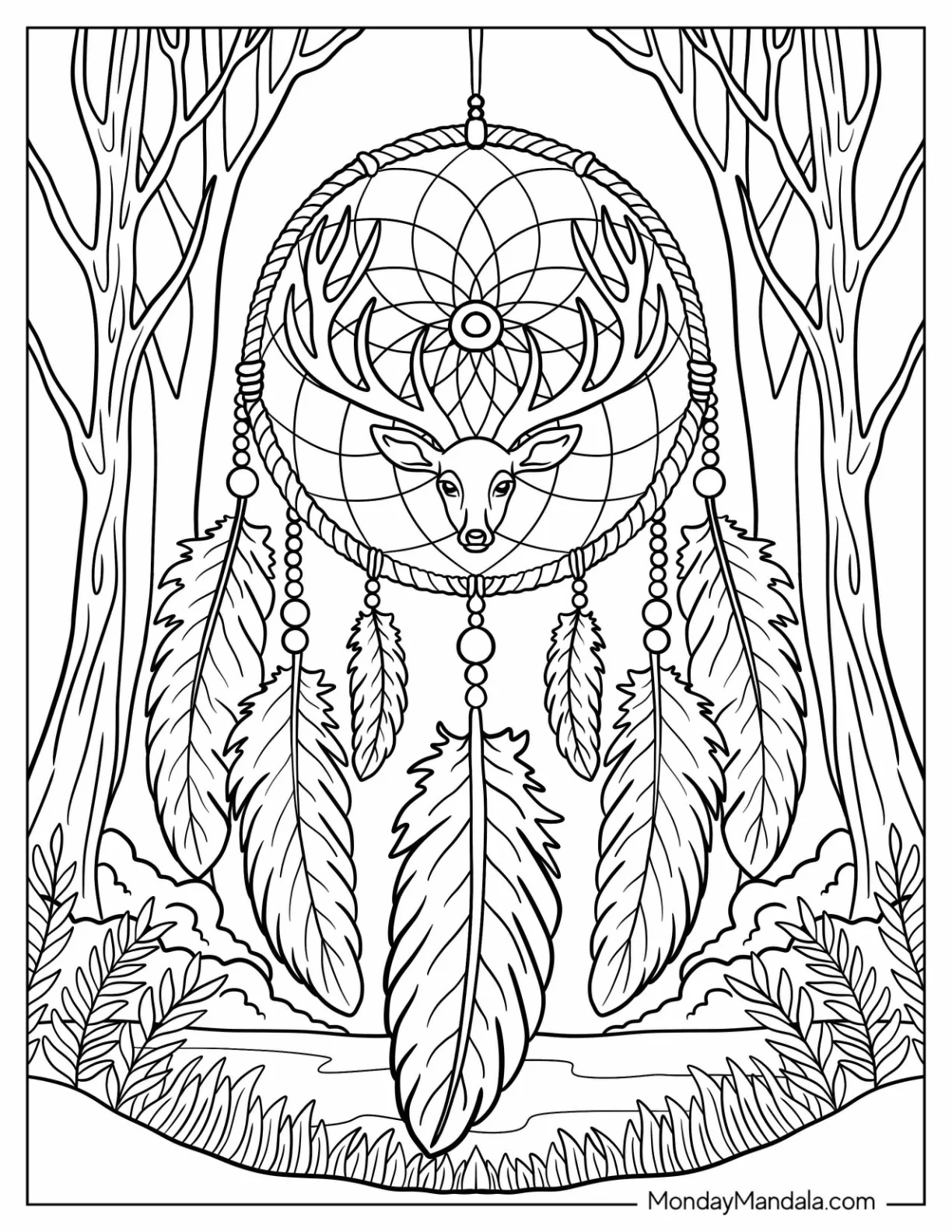 Sacred Deer Dreamcatcher Coloring Page with Antlers, Mandala Web, and Woodland Scene coloring page