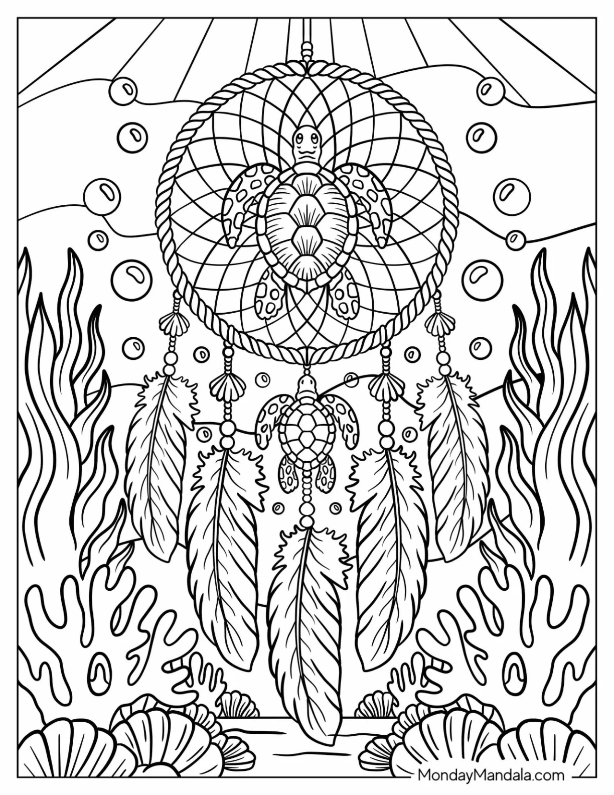Sea Turtle Dreamcatcher Coloring Page with Feathers and Underwater Coral coloring page — printable line art