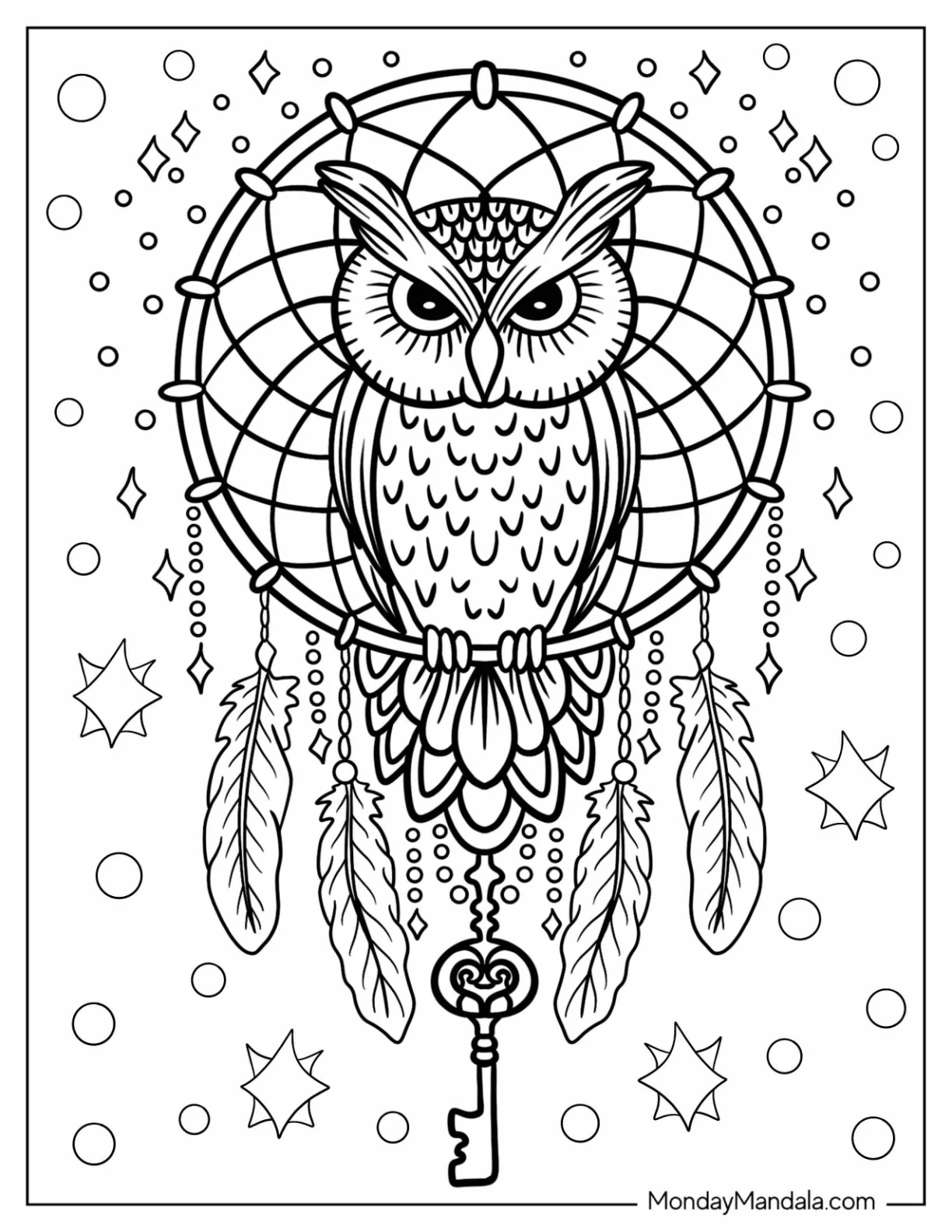 Serious Owl Perched On A Dreamcatcher Coloring Page coloring page