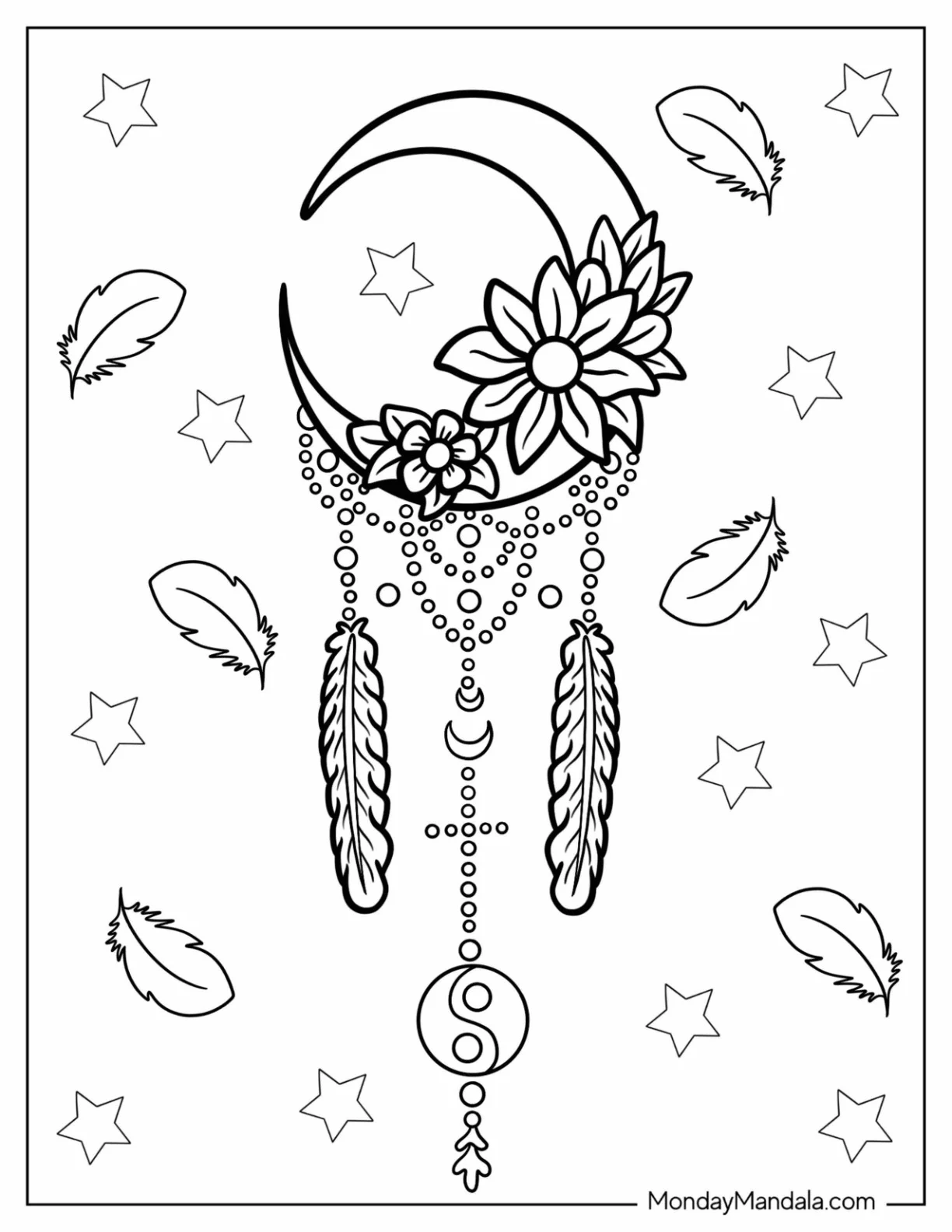 Simple Crescent Moon Dreamcatcher Coloring Page With Yin And Yang Symbol coloring page — printable line art