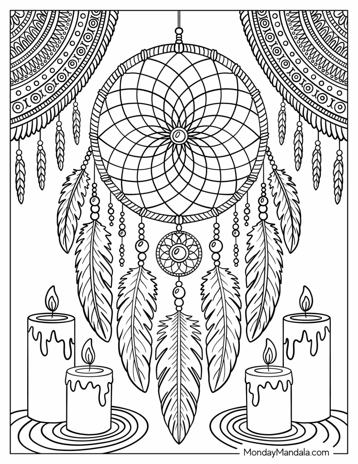 Spiritual Dreamcatcher Coloring Page with Candles, Feathers, and Mandala Accents coloring page