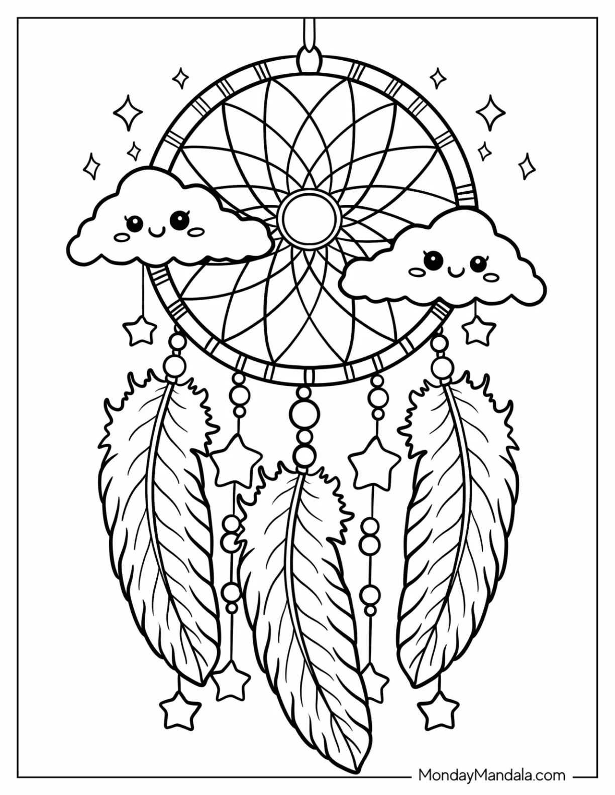 Whimsical Dreamcatcher Coloring Page with Clouds, Feathers, and Sparkles for Kids coloring page