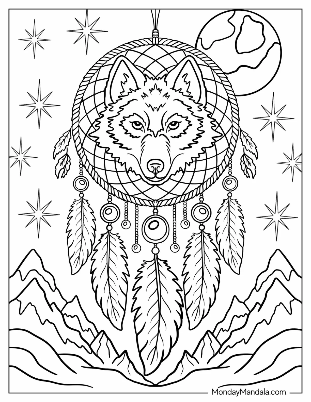 Wild Wolf Face Dreamcatcher Coloring Page Surrounded by Stars and Feathers coloring page