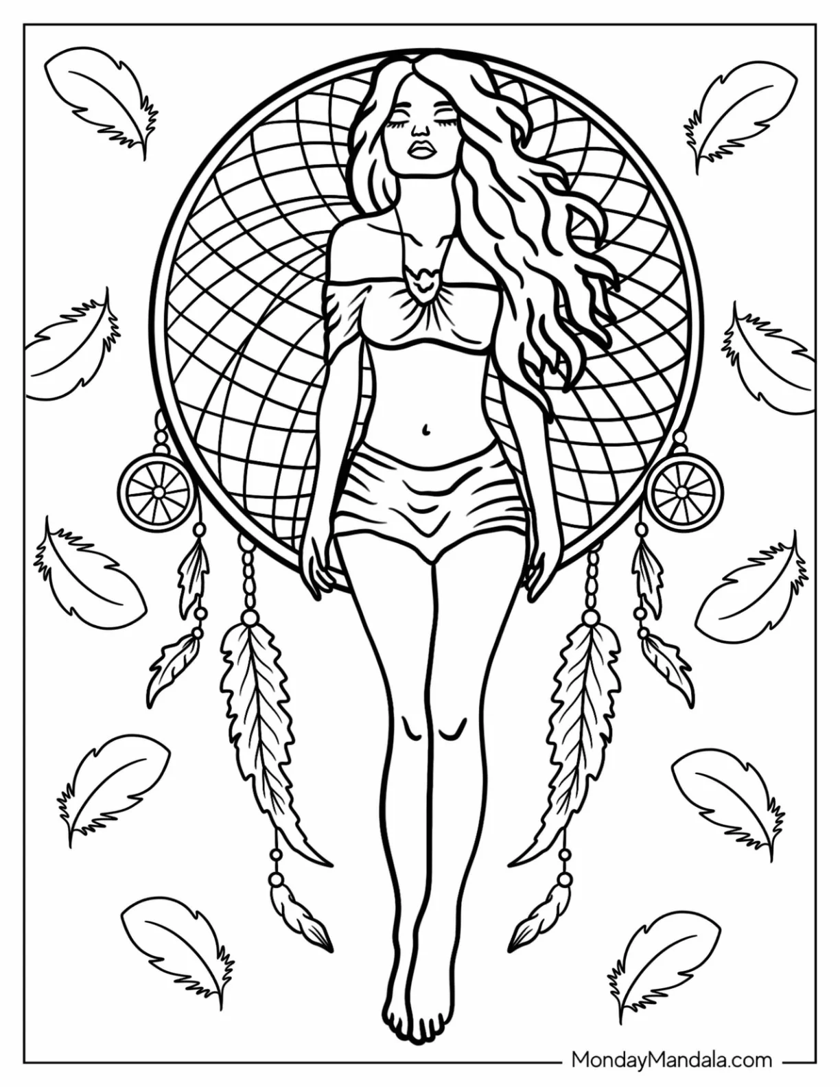 Woman Lying On A Dreamcatcher Coloring Page Surrounded By Feathers coloring page — printable line art